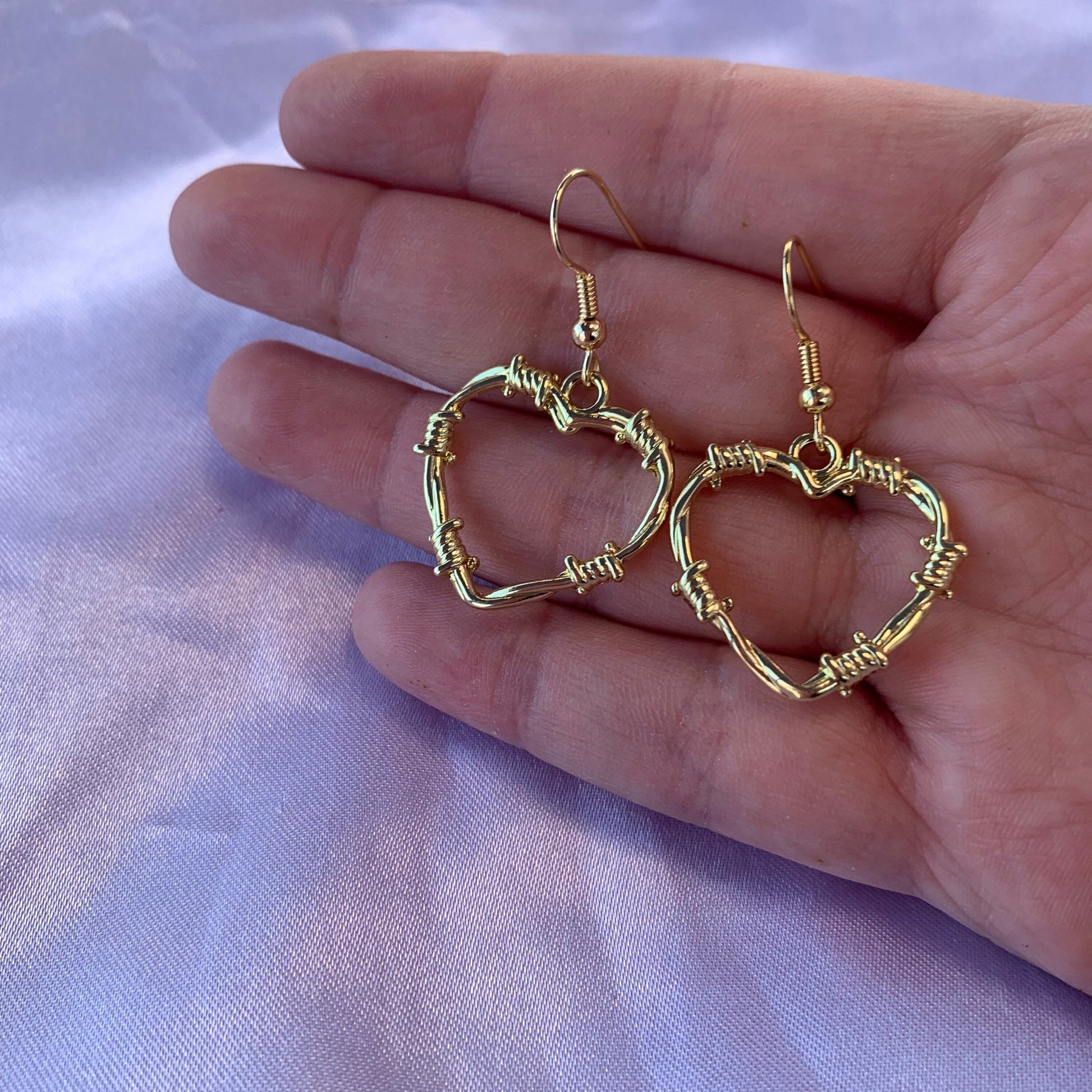 Silver or gold barb wire heart earrings