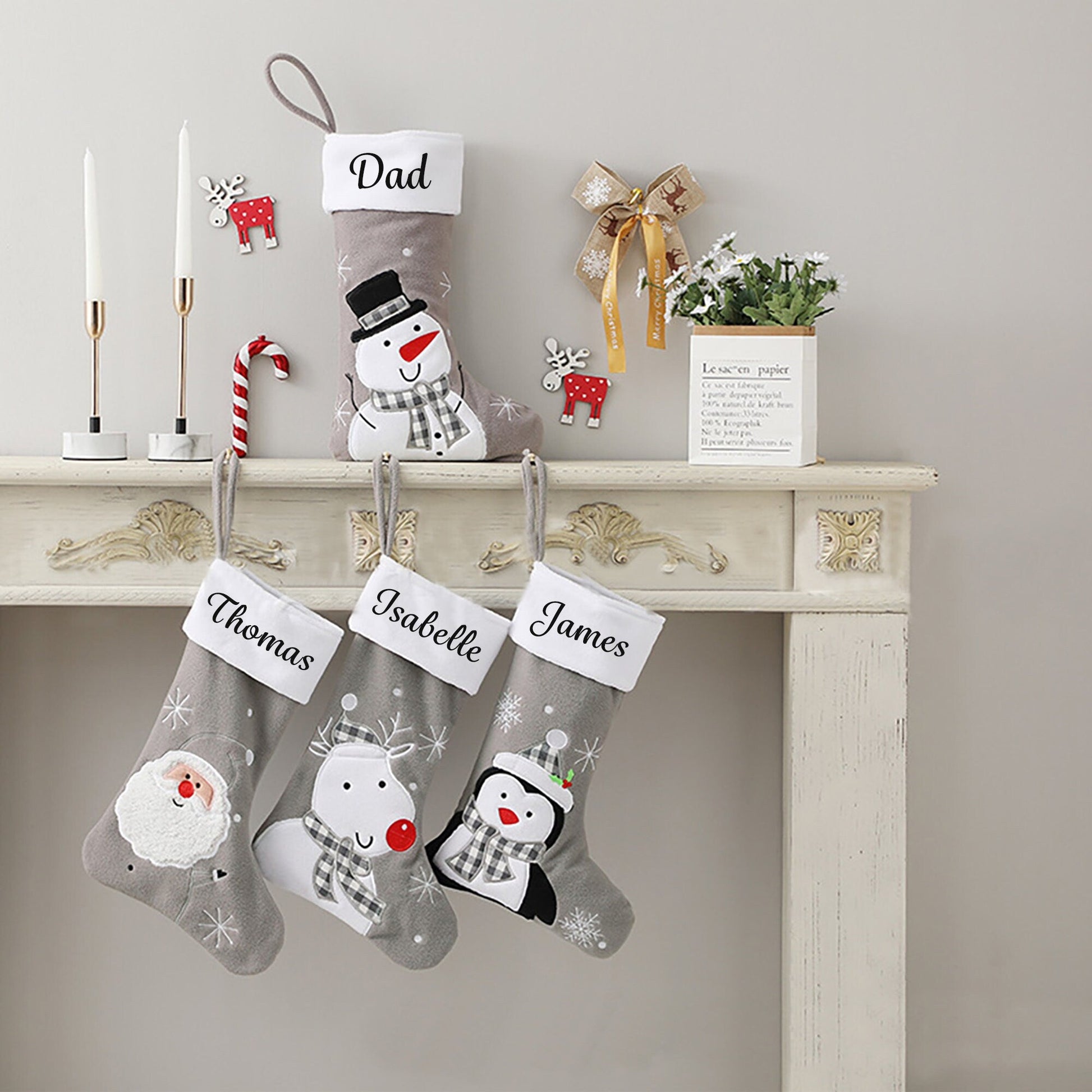 Personalised Grey Christmas Stocking with Fun Designs