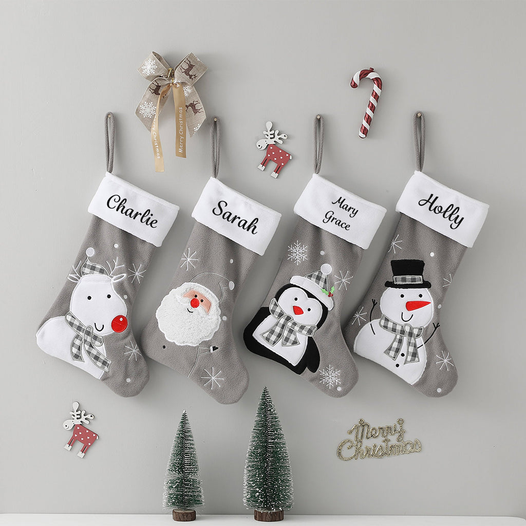 Personalised Grey Christmas Stocking with Fun Designs