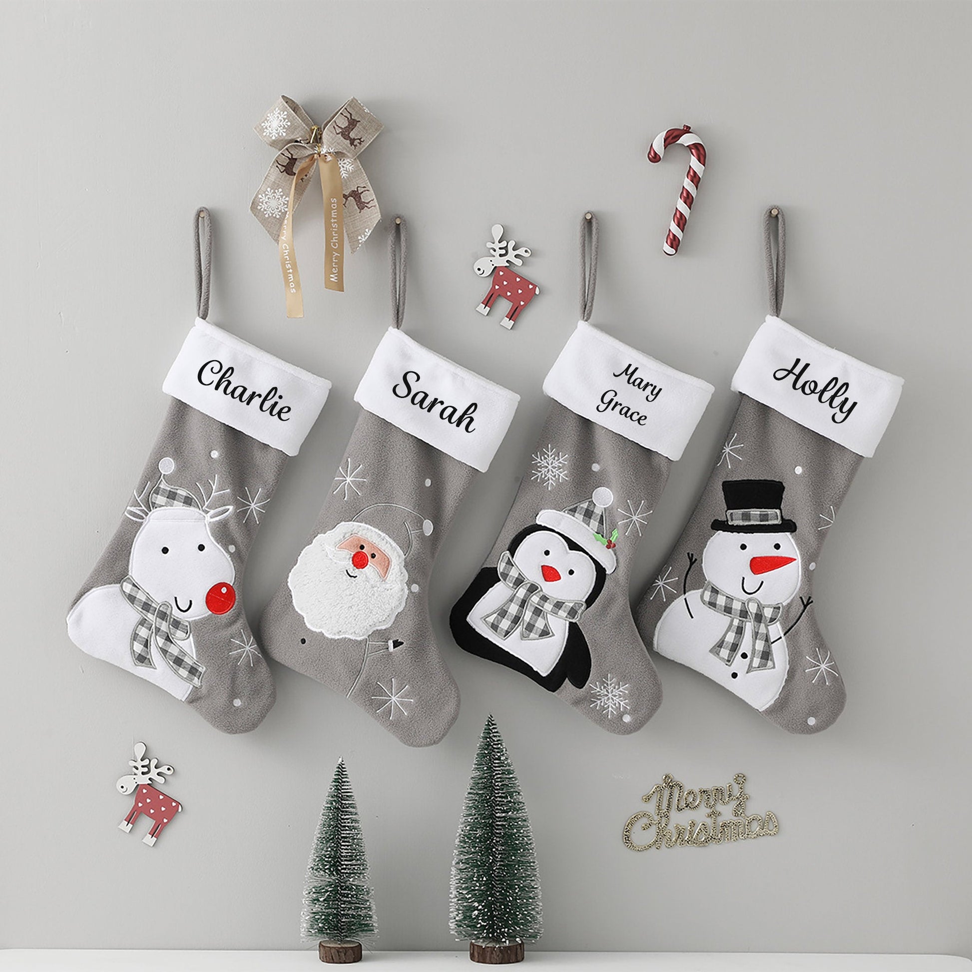 Personalised Grey Christmas Stocking with Fun Designs
