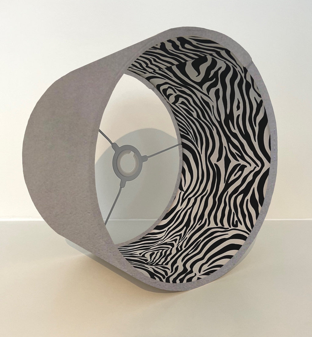 Grey velvet drum lampshade/ ceiling light shade with zebra print cotton interior