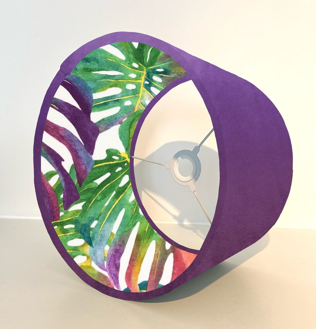 Purple velvet drum lampshade/ ceiling light shade with multicoloured leaves interior