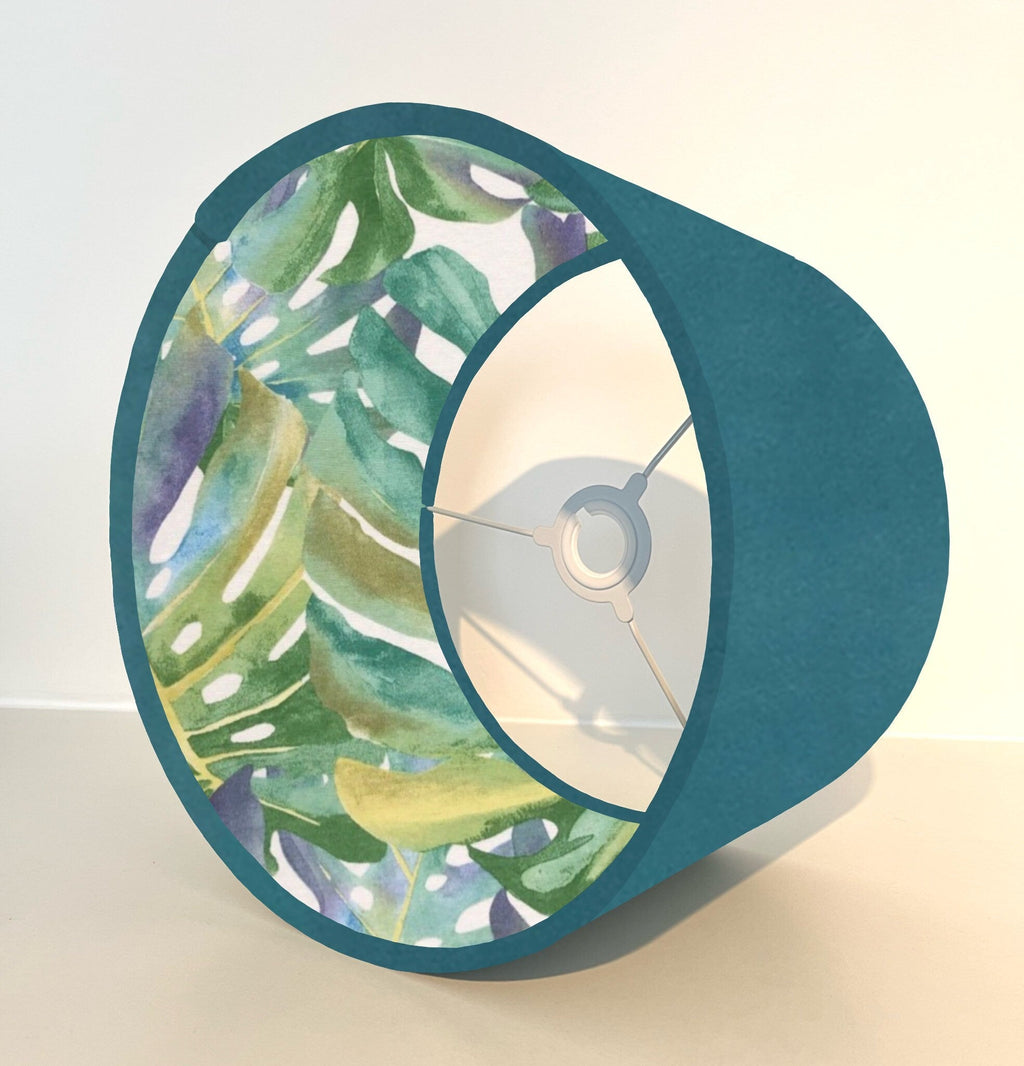 Teal velvet drum lampshade/ ceiling light shade with leaves interior