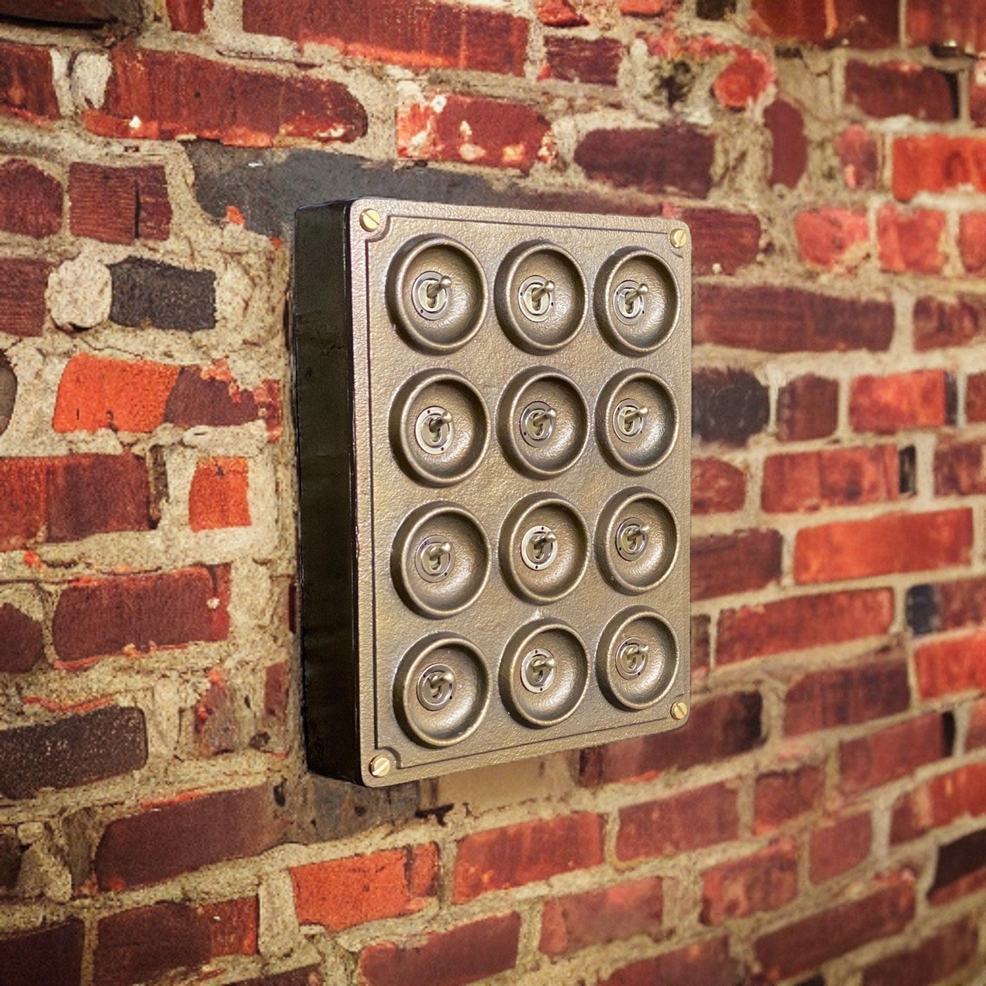 12 Gang 2 Way Bronze Solid Cast Metal Surface Mounting Conduit Light Switch Industrial - BS EN Approved Vintage Crabtree 1950’s Style