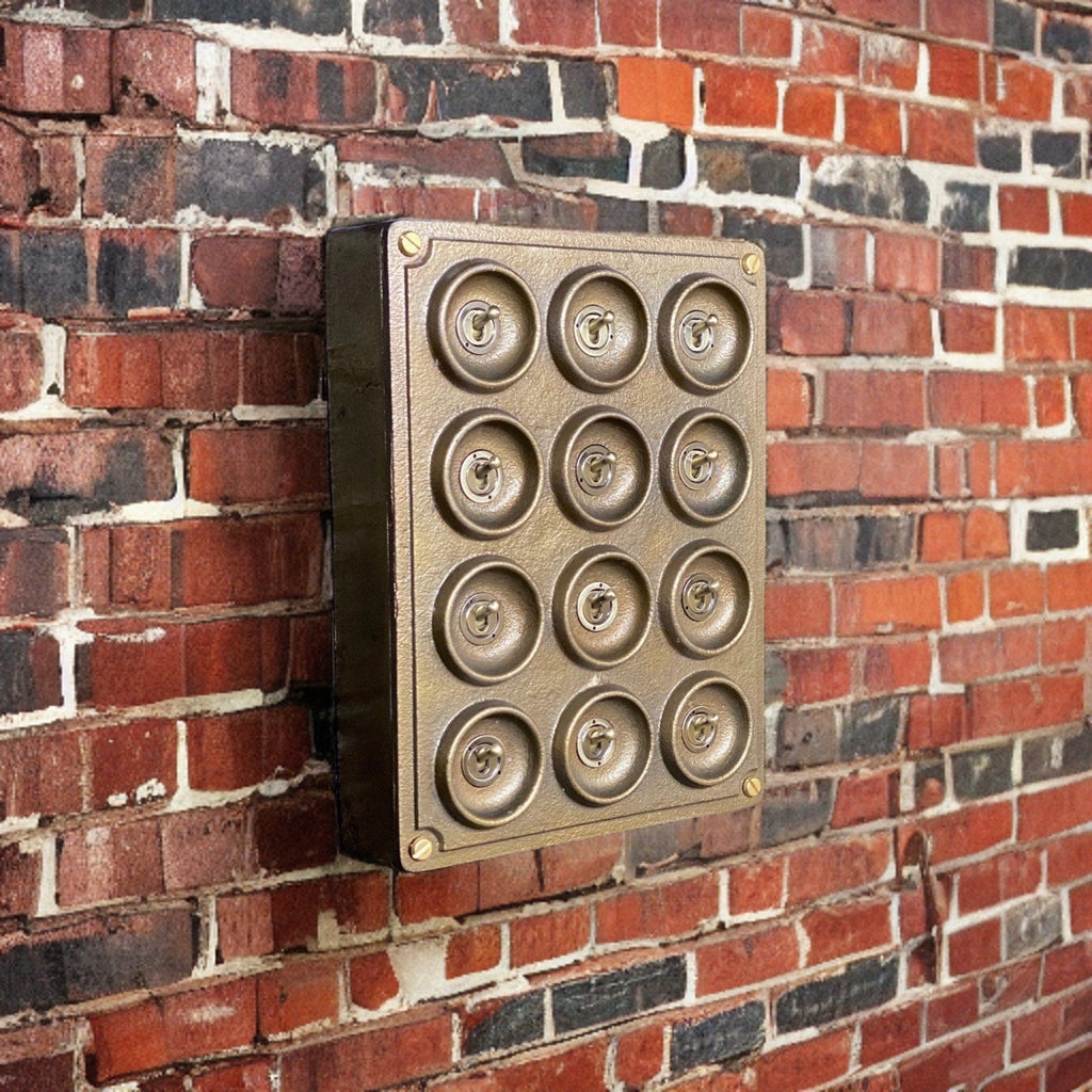 12 Gang 2 Way Bronze Solid Cast Metal Surface Mounting Conduit Light Switch Industrial - BS EN Approved Vintage Crabtree 1950’s Style