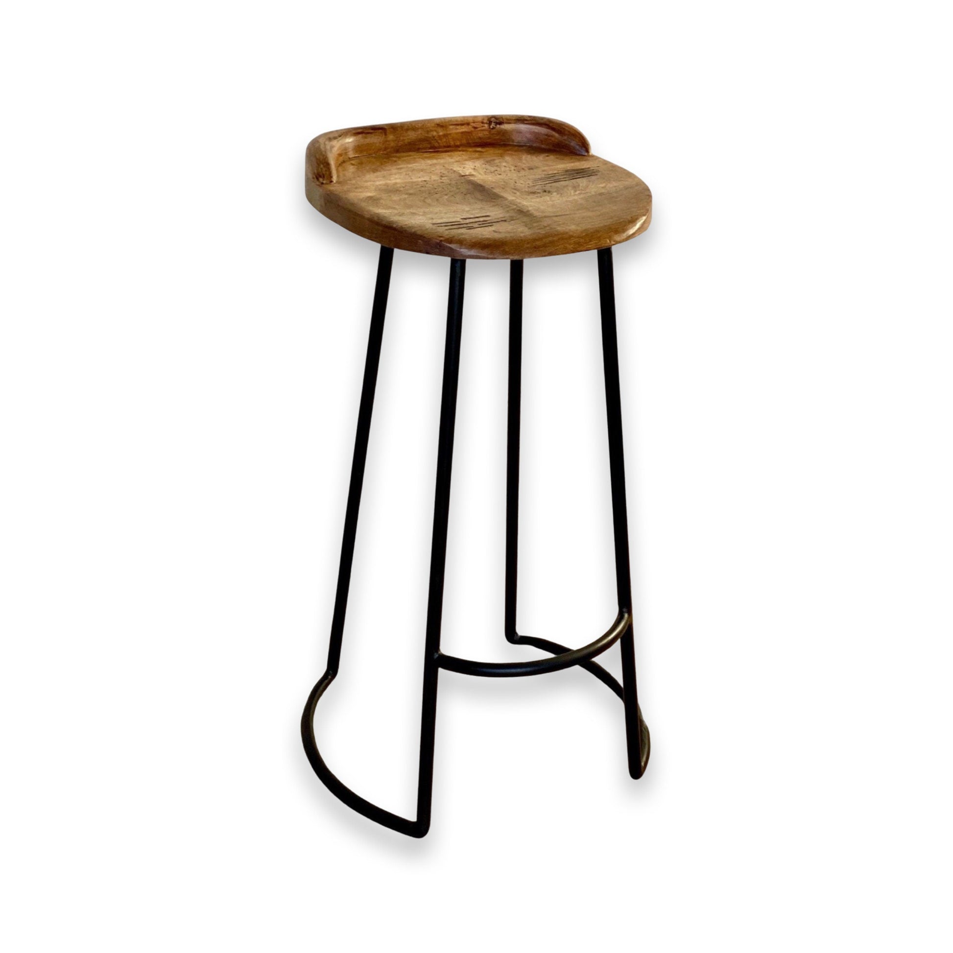 Solid Mango Wooden Top Bar Stool Hand Crafted Solid Cast Metal Floor Standing Kitchen Black Iron Industrial Tractor Seat
