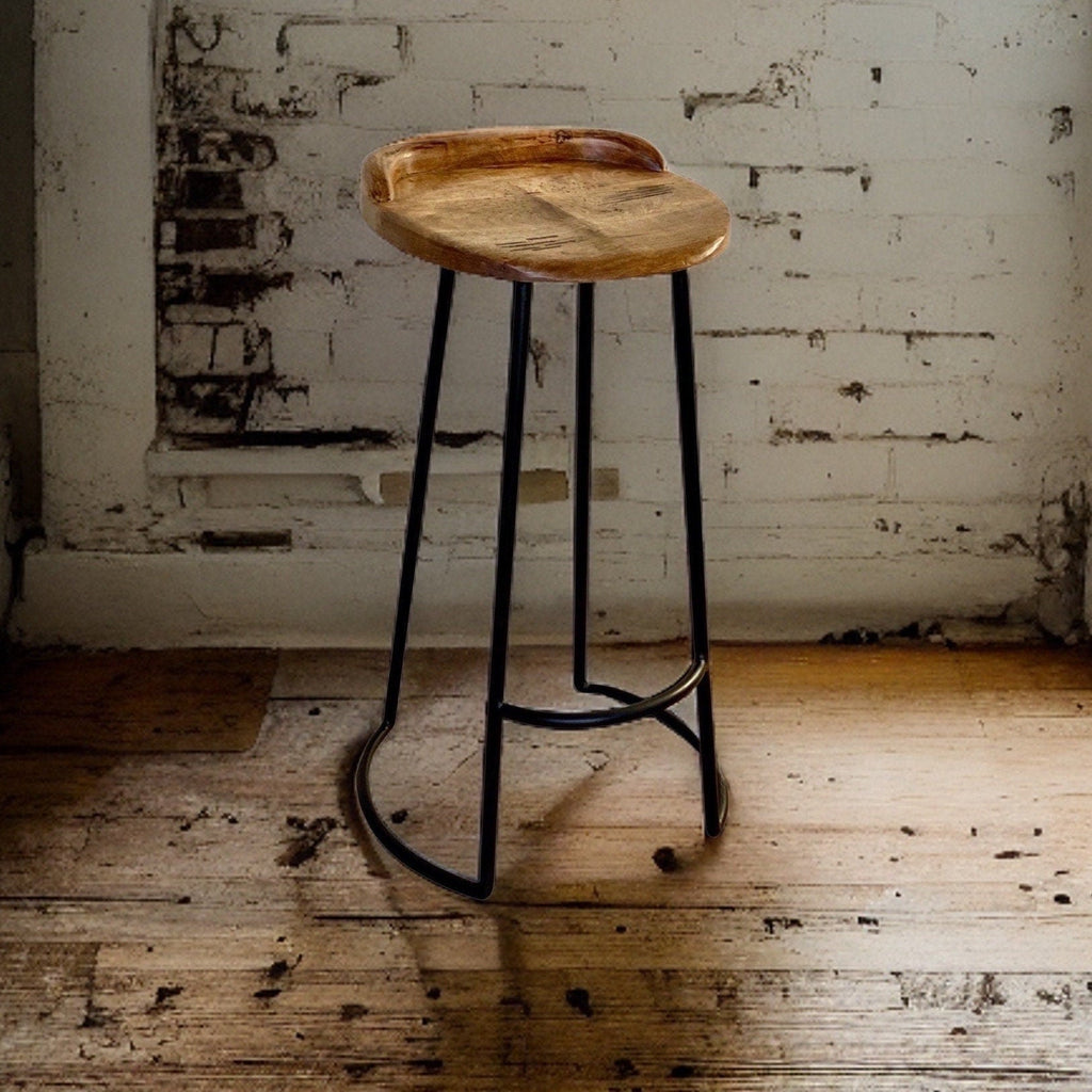 Solid Mango Wooden Top Bar Stool Hand Crafted | Solid Cast Metal | Floor Standing | Kitchen Black Iron | Industrial Tractor Seat
