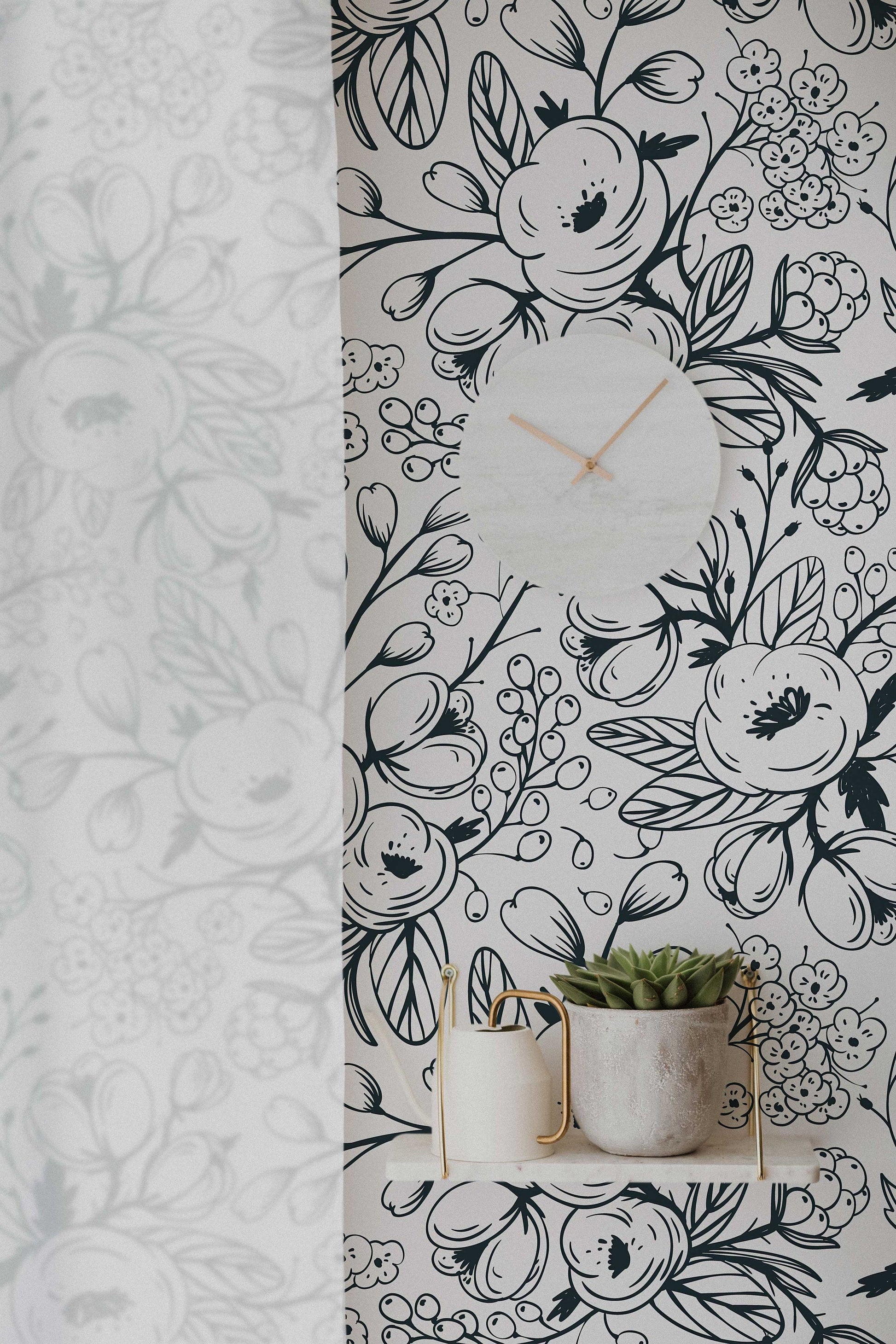Black and White Spring Floral Wallpaper | Nursery Wall | Mural | Removable Wallpaper | Children Wall | Art | Meadow | Doddle