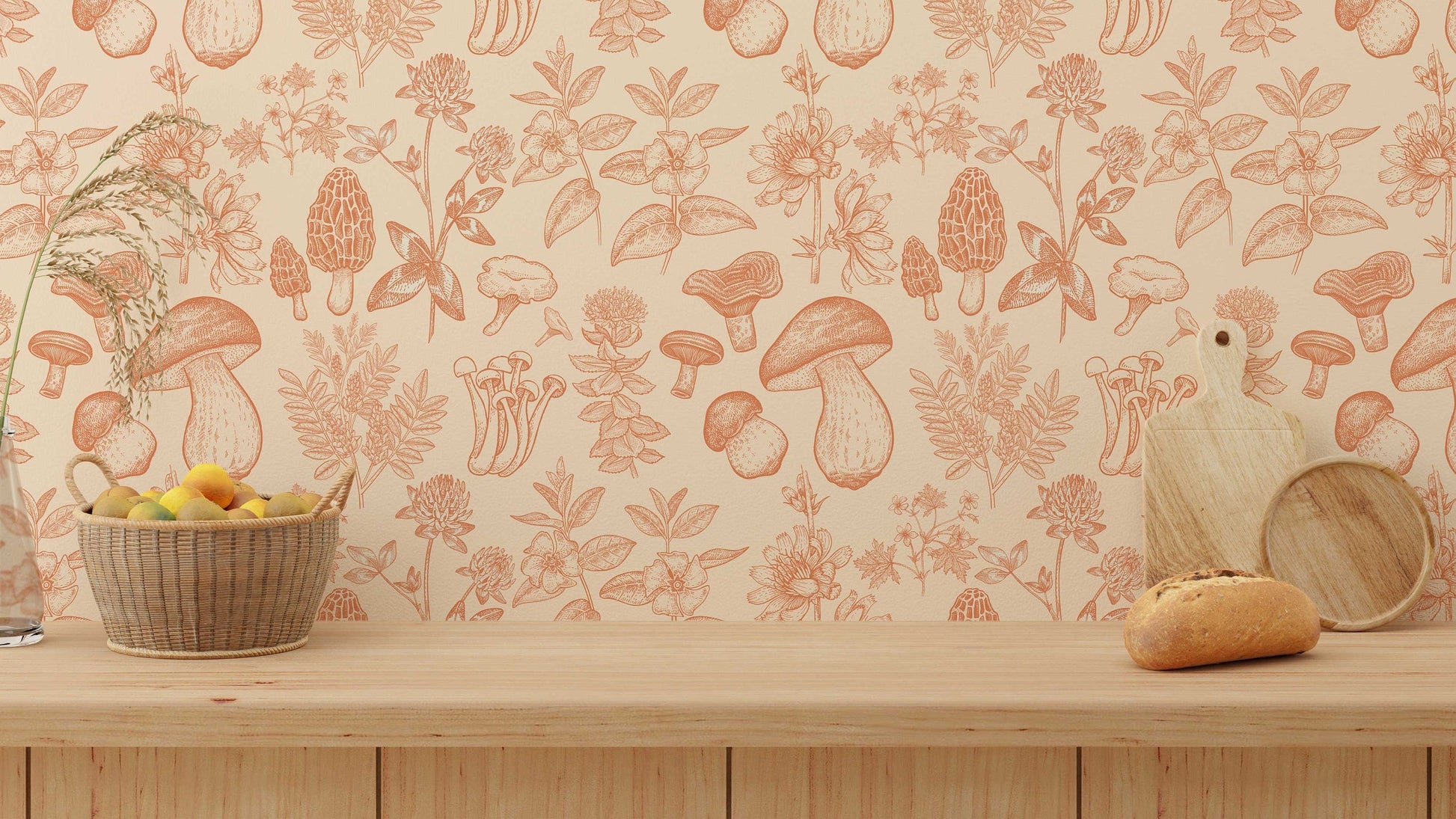 Mushroom Wallpaper | Orange Wallpaper | Mid Century Modern Wallpaper | Kids Mushroom Peel and Stick Wallpaper | Vintage Wallpaper