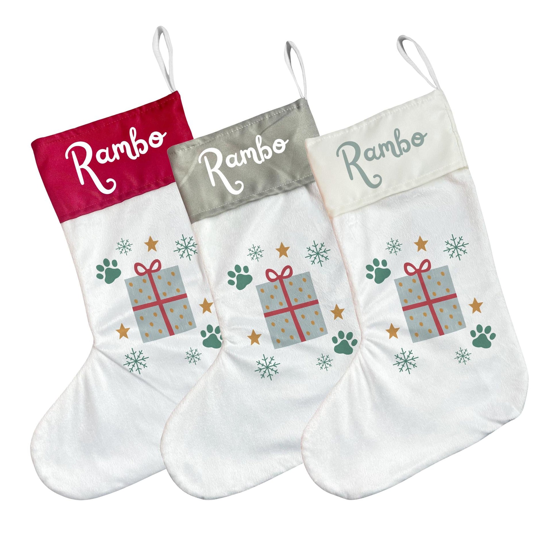 Personalised Pet Christmas Stocking with Paw Prints and Gift Design