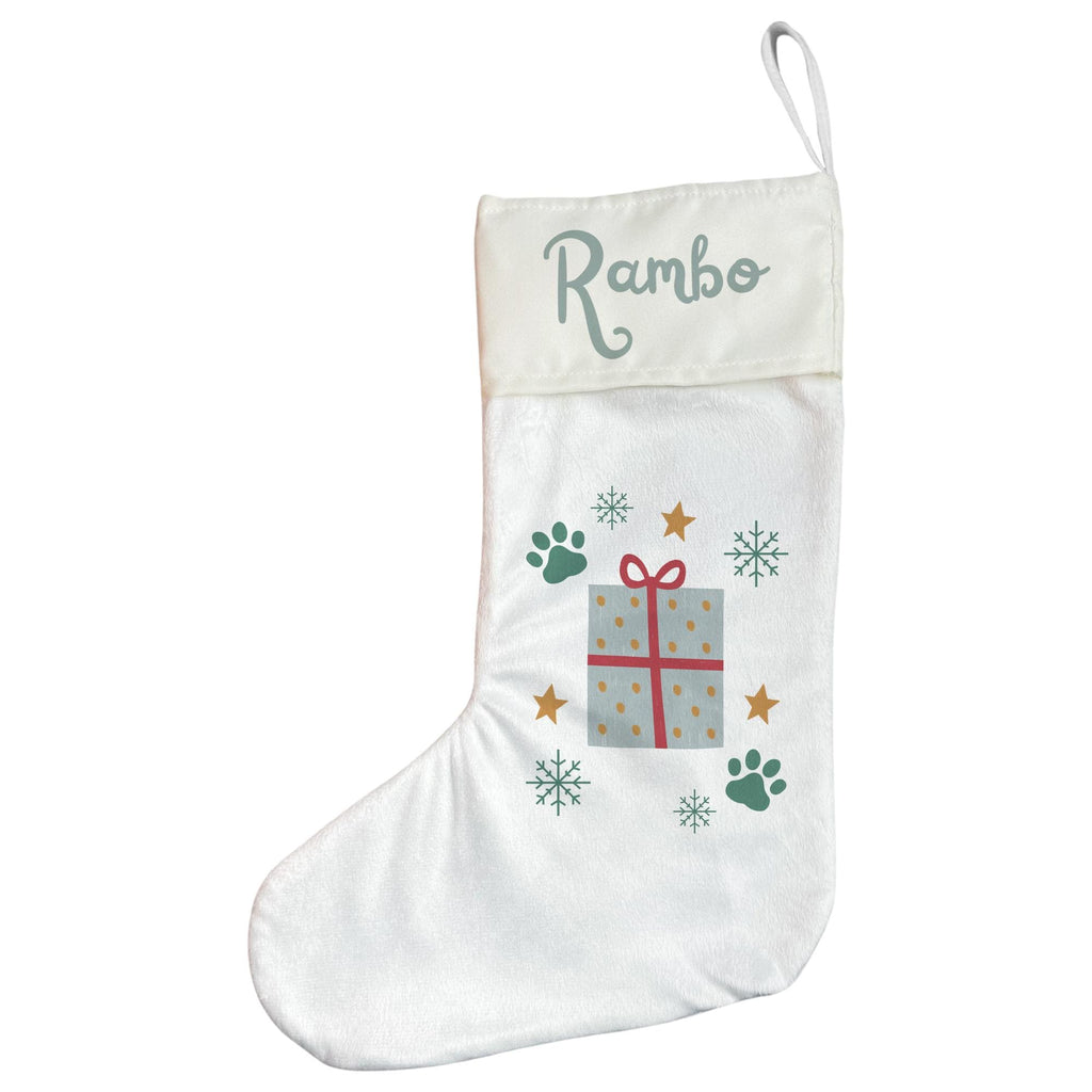 Personalised Pet Christmas Stocking with Paw Prints and Gift Design