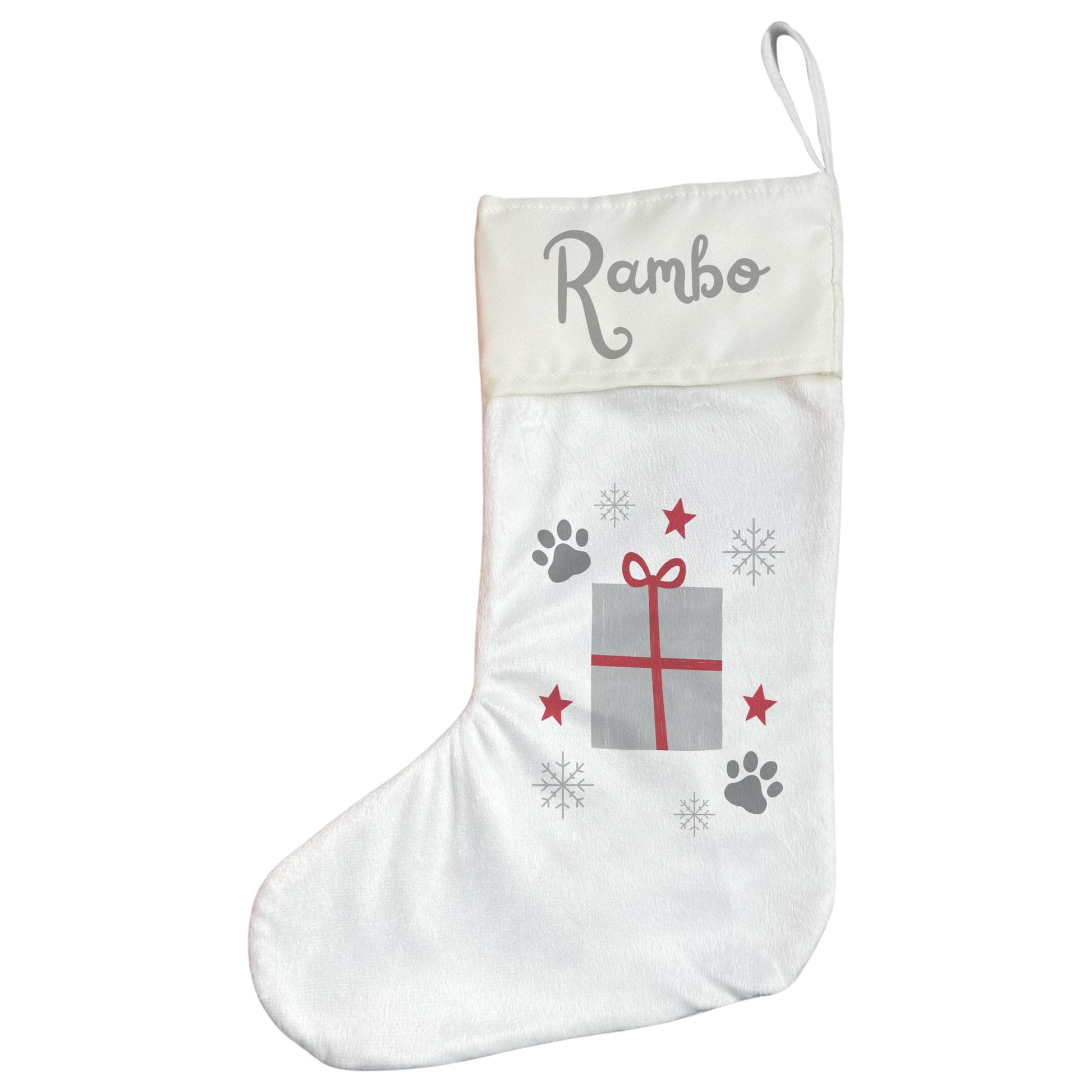 Personalised Pet Christmas Stocking with Paw Prints and Gift Design