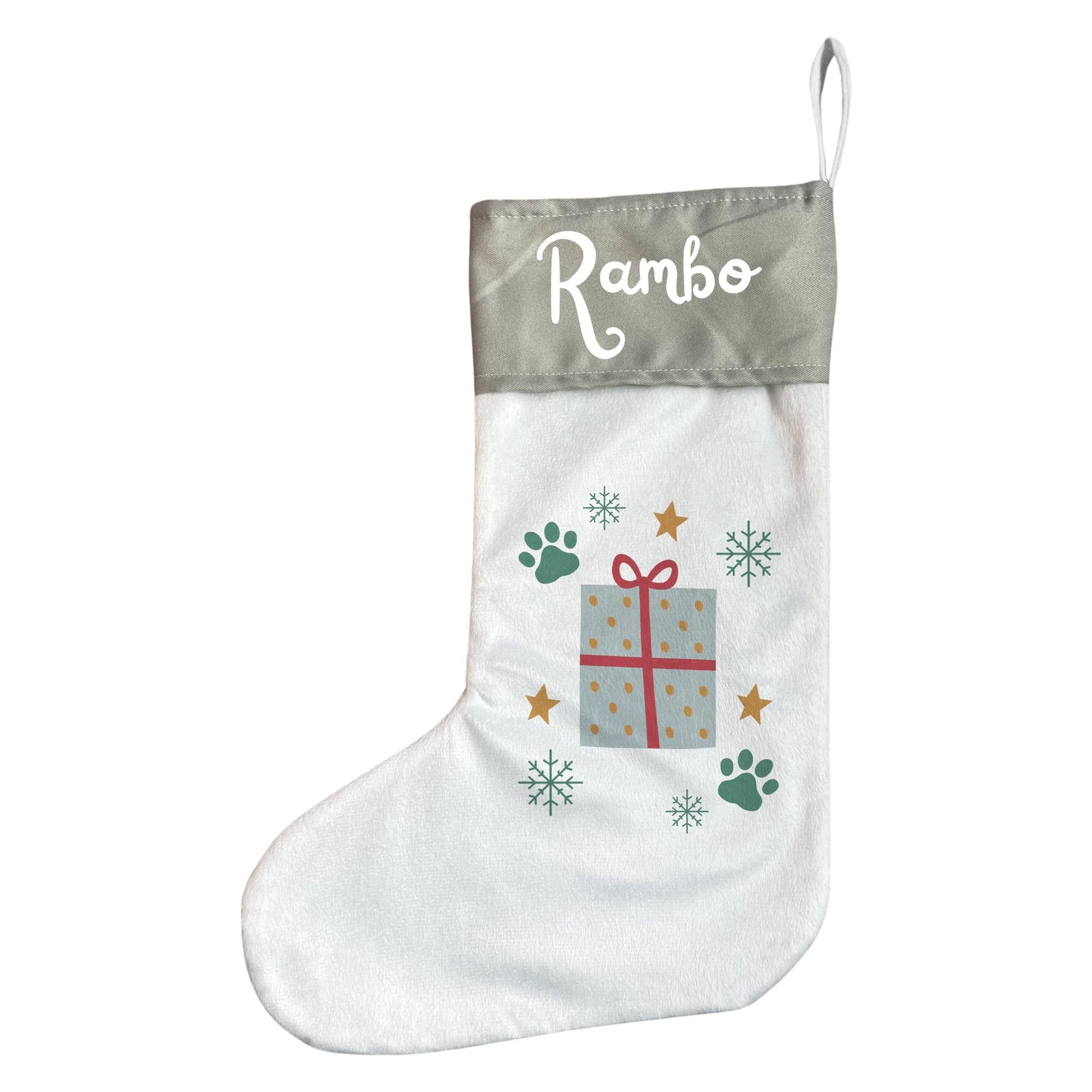 Personalised Pet Christmas Stocking with Paw Prints and Gift Design