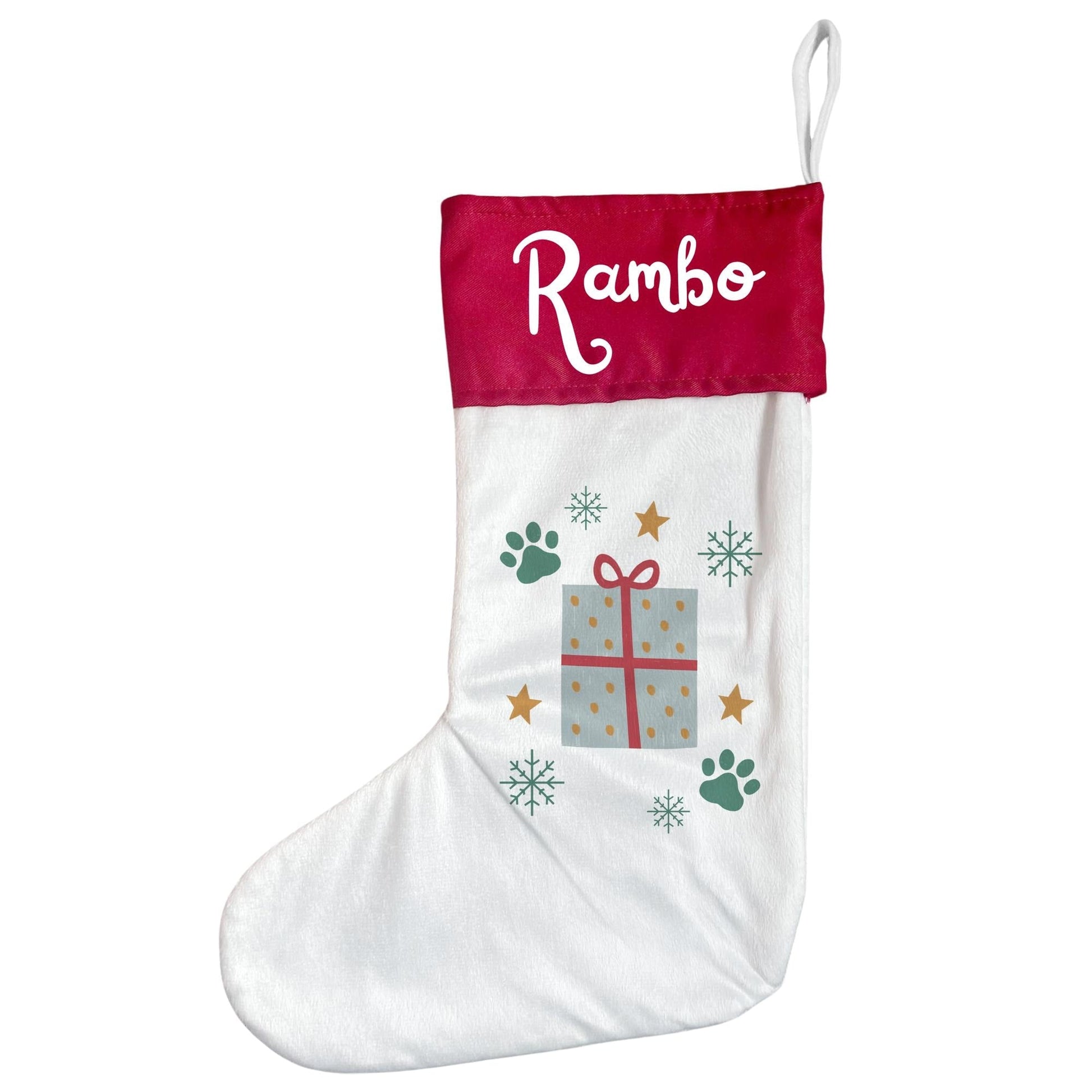 Personalised Pet Christmas Stocking with Paw Prints and Gift Design
