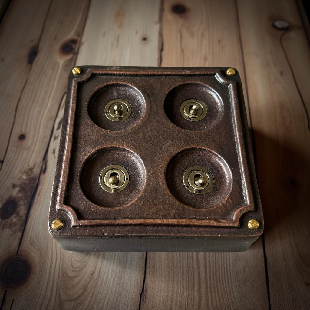 4 Gang 2 Way Solid Antique Copper Metal Surface Mounting Conduit Light Switch Industrial - BS EN Approved