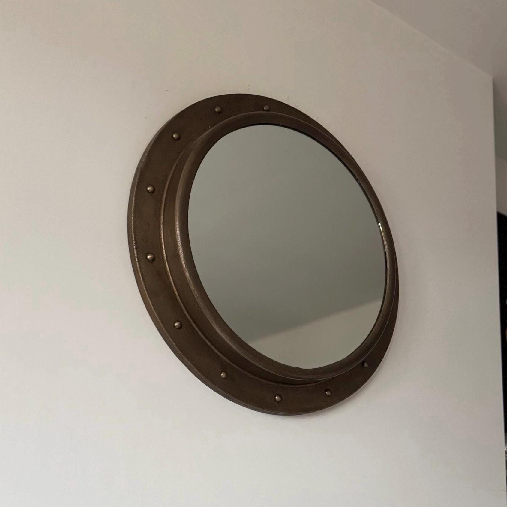 Oversized XL Antique Brass Mirror Solid Cast Nautical Industrial US Navy Deck Yacht Master ~ 61cm