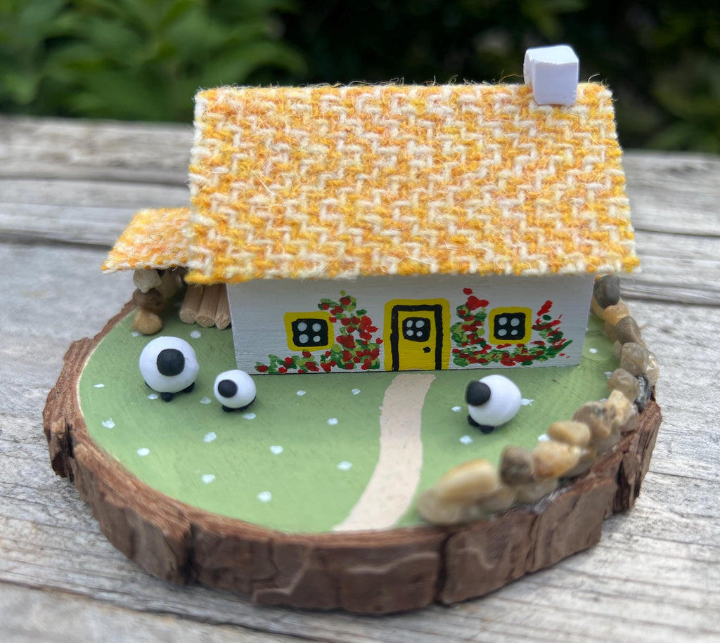 Yellow Harris Tweed Miniature Scottish Bothy with Sheep