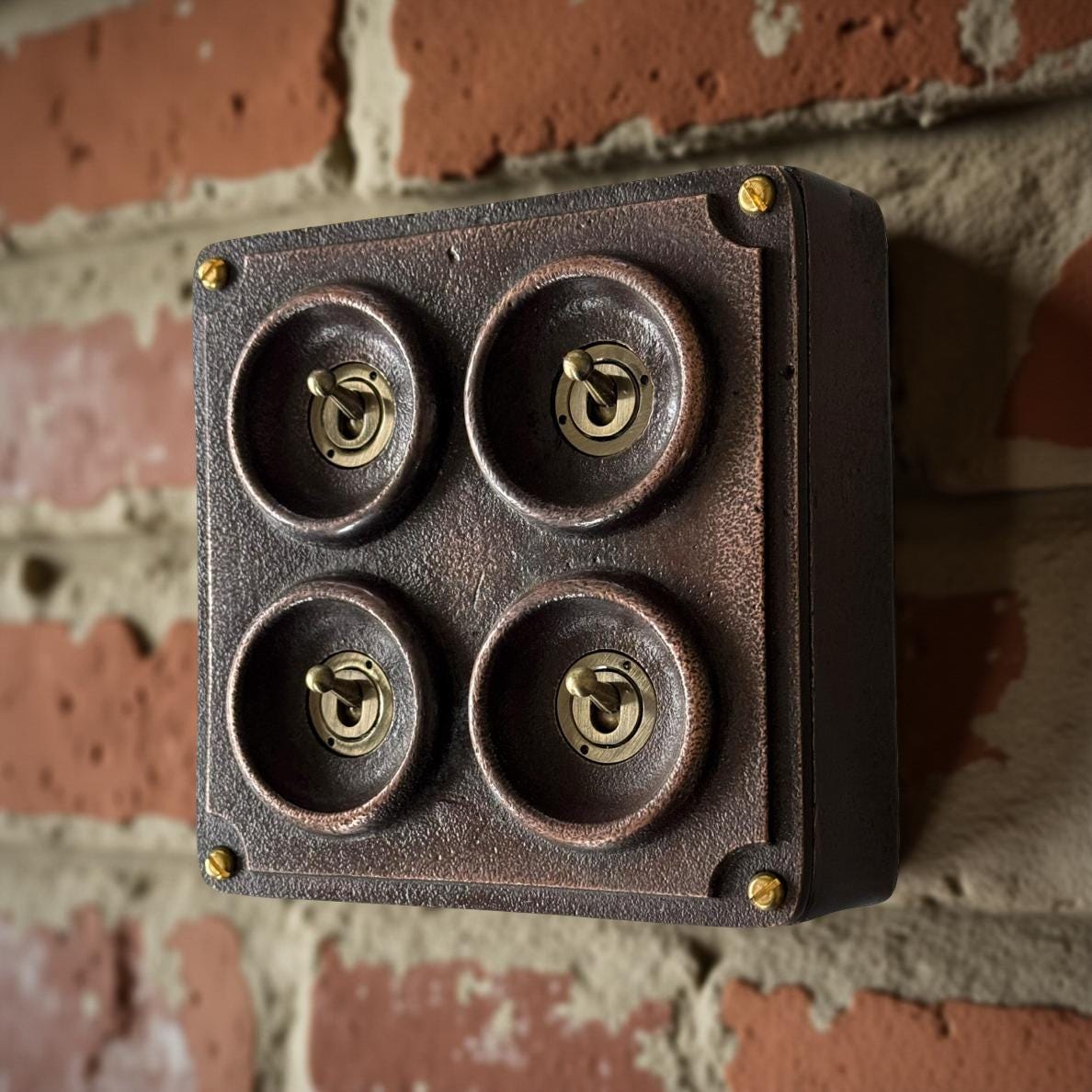 4 Gang 2 Way Solid Antique Copper Metal Surface Mounting Conduit Light Switch Crabtree Industrial - BS EN Approved