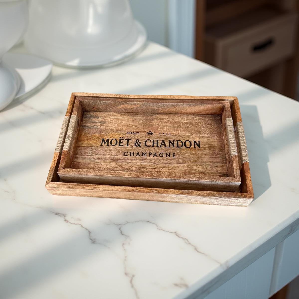 Wooden Serving Trays Moët & Chandon Champagne Butlers Crates Storage Boxes Natural Finish