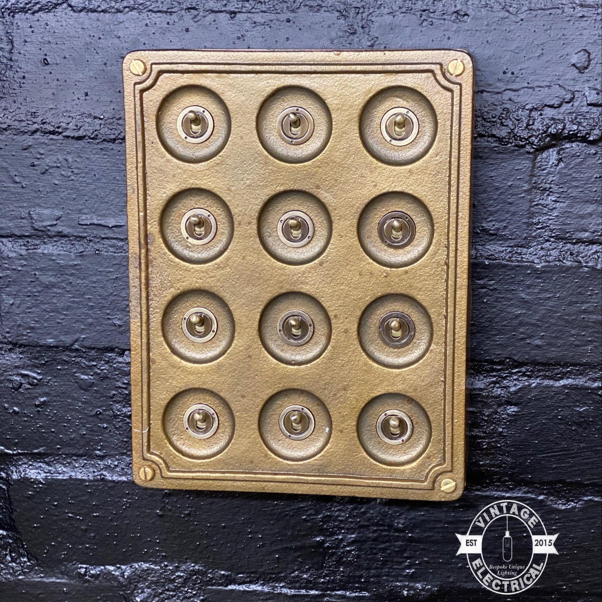 12 Gang 2 Way Bronze Solid Cast Metal Surface Mounting Conduit Light Switch Industrial - BS EN Approved Vintage Crabtree 1950