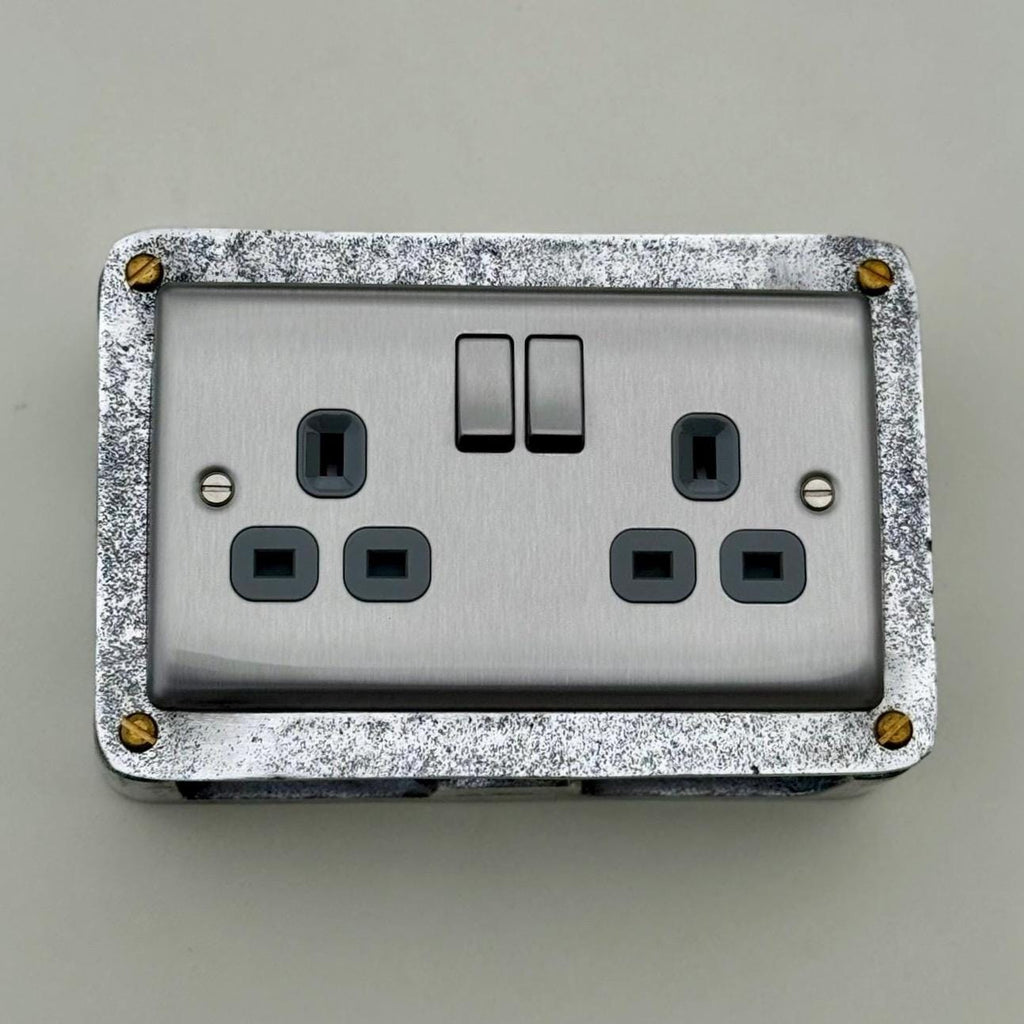 Brushed Steel Double Switched 13A Power Socket Grey Insert 230V 2 Gang 2G Socket Cast Metal Conduit Industrial