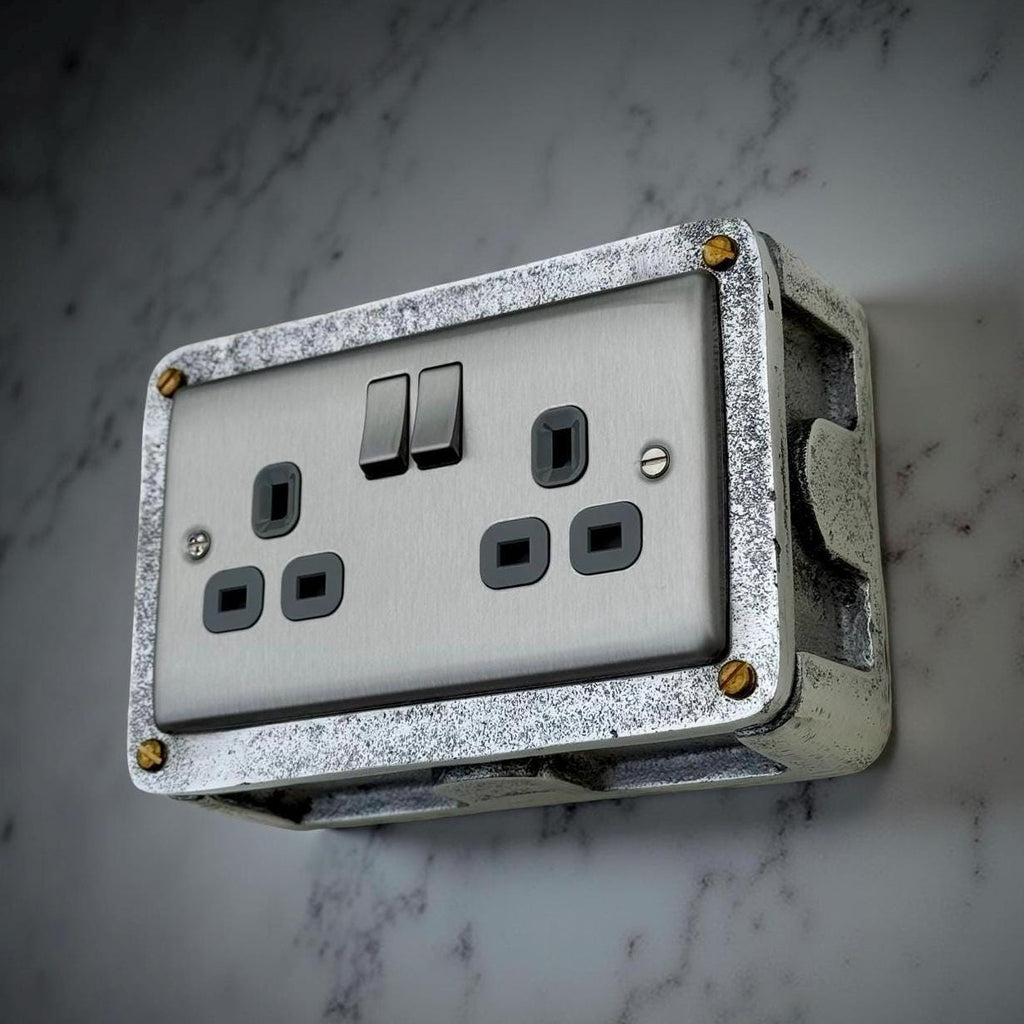 Brushed Steel Double Switched 13A Power Socket Grey Insert 230V 2 Gang 2G Socket Cast Metal Conduit Industrial