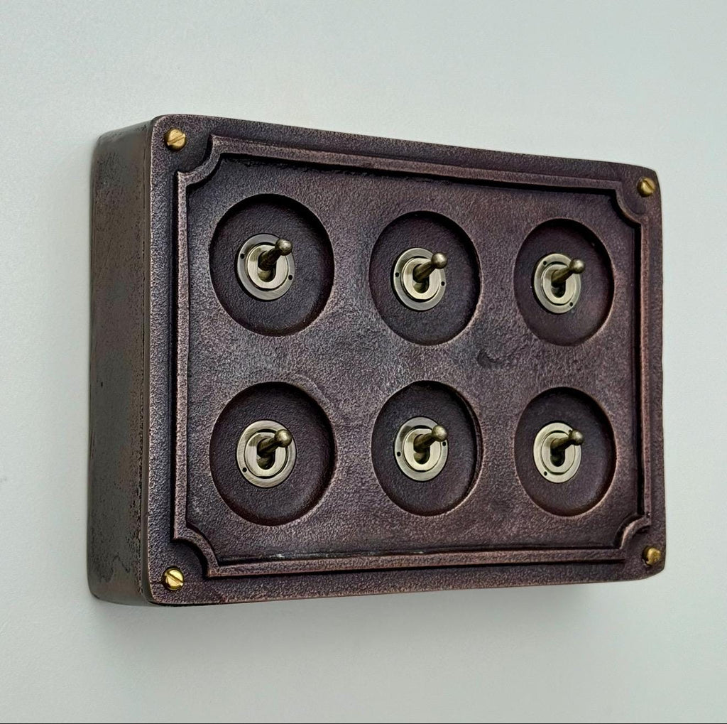 6 Gang 2 Way Antique Copper Solid Cast Metal Conduit Light Switch Industrial - BS EN Vintage Crabtree 1950’s Style