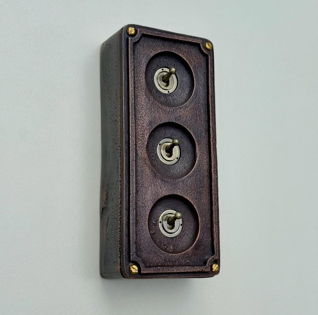 3 Gang Solid Cast Antique Copper Metal Conduit Light Switch Industrial 2 Way - BS EN Approved Vintage Crabtree 1950’s Style