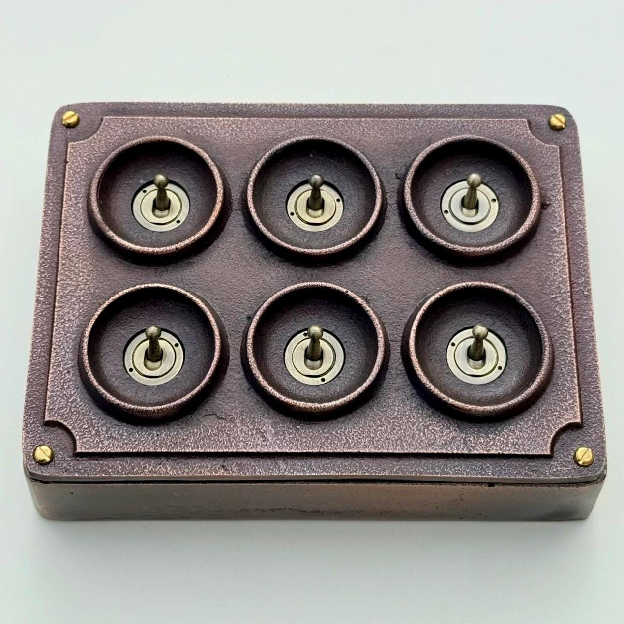 6 Gang 2 Way Antique Copper Solid Cast Metal Conduit Light Switch Industrial - Vintage Crabtree Style