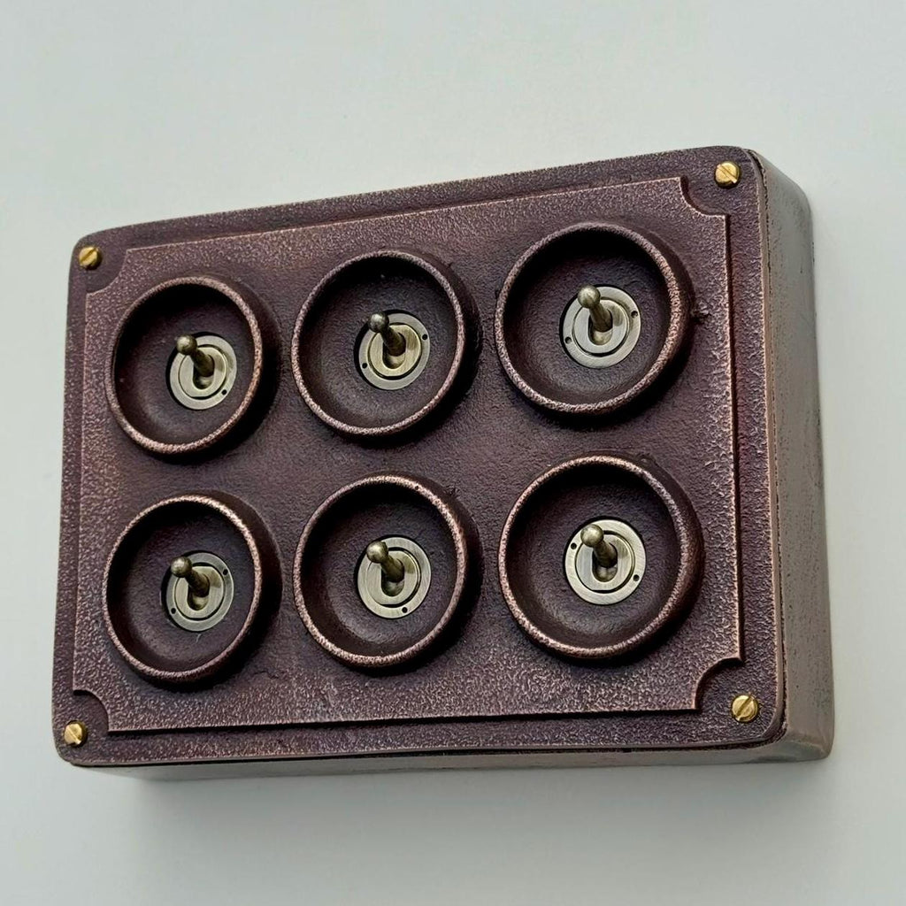 6 Gang 2 Way Antique Copper Solid Cast Metal Conduit Light Switch Industrial - Vintage Crabtree Style