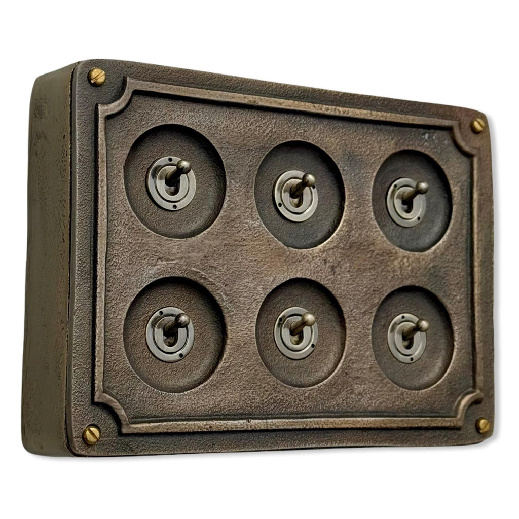 6 Gang 2 Way Bronze Solid Cast Metal Surface Mounting Conduit Light Switch Industrial - Vintage Britmac Style