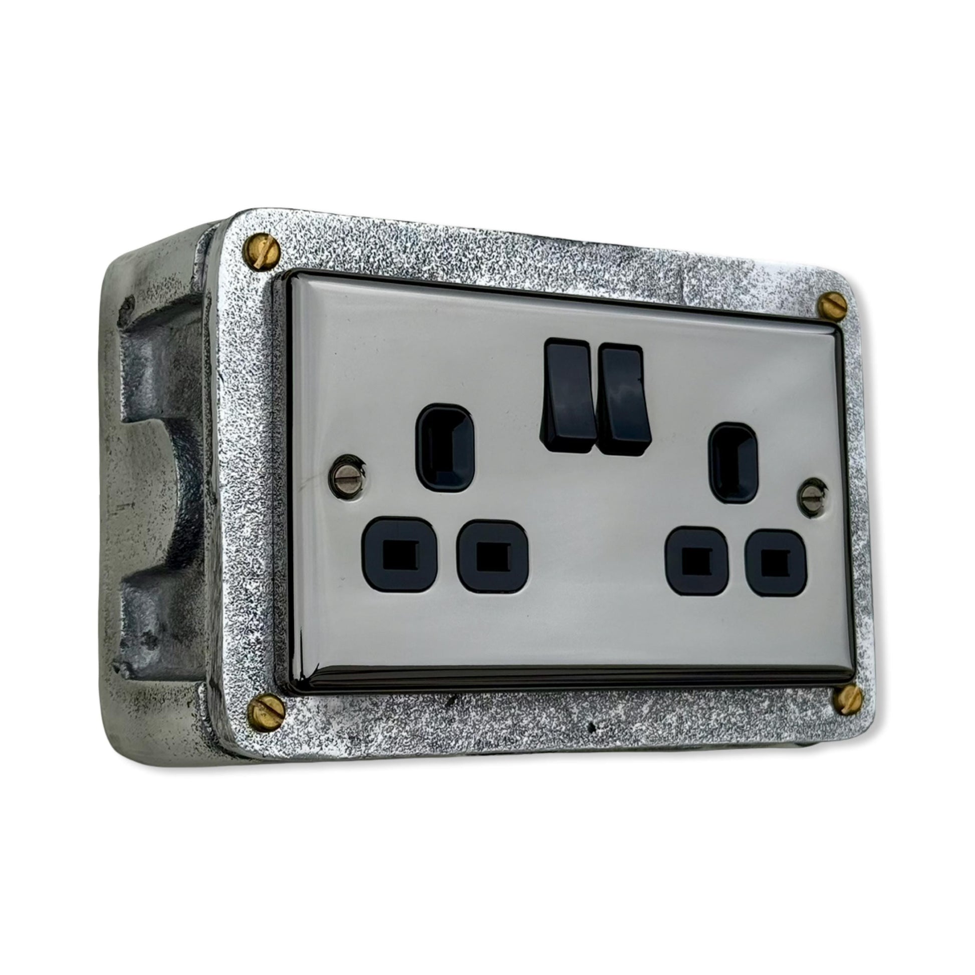 Mirror Finish Switched 13A Double Socket 230V 2 Gang 2G Socket Cast Metal Conduit Switch Industrial
