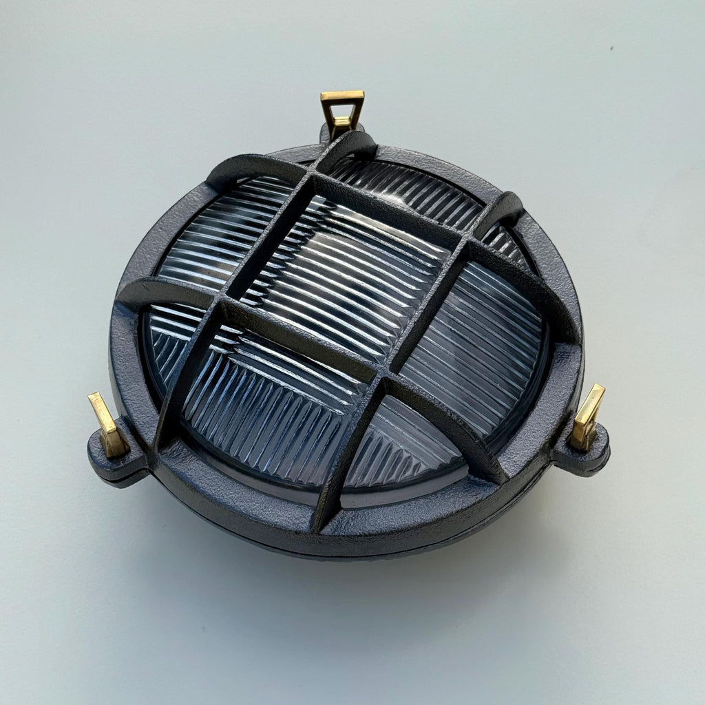 Wroxham ~ Cast Pewter Caged Nautical Bulkhead Wall Light Industrial Ceiling Fixture