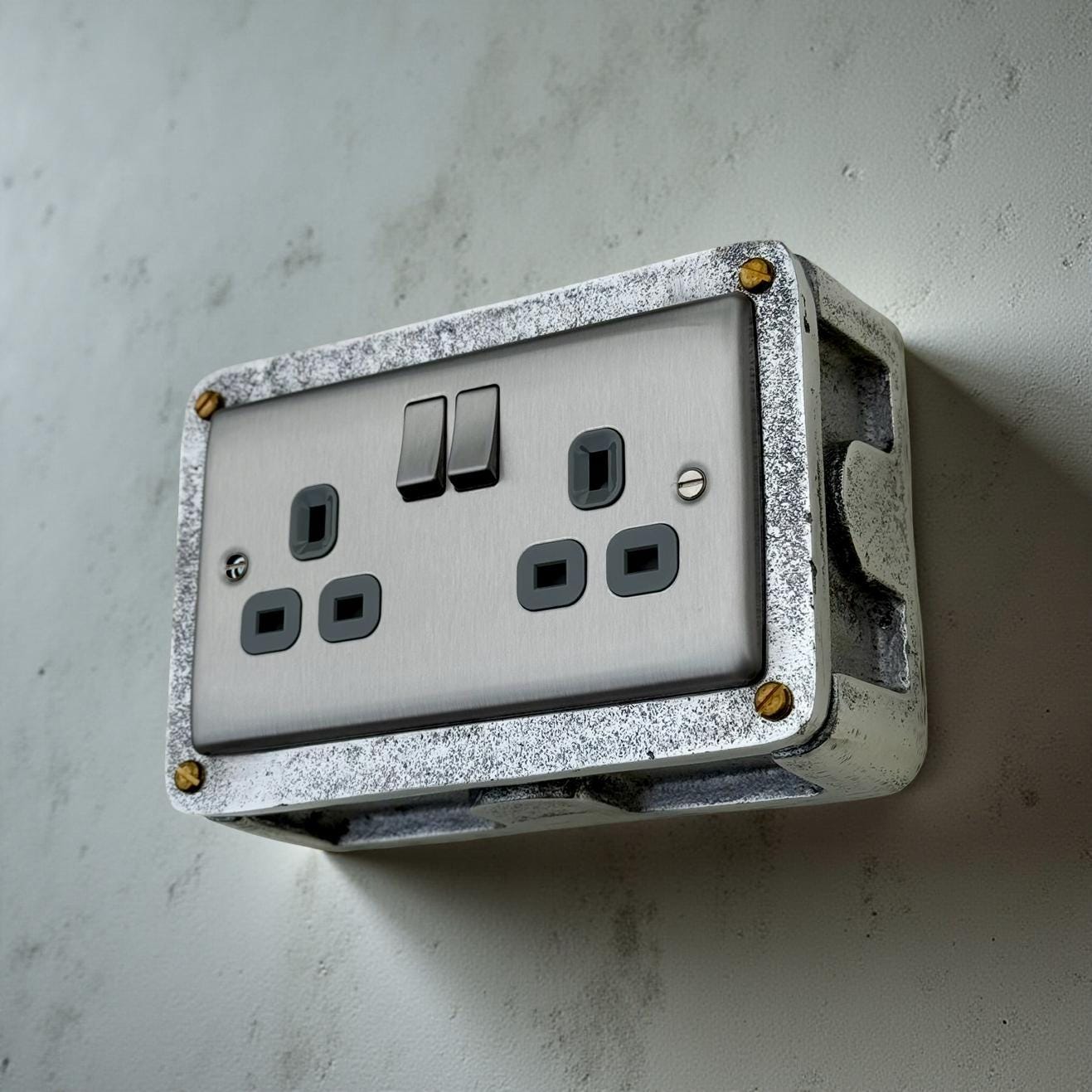 Brushed Steel Double Switched 13A Power Socket Grey Insert 230V 2 Gang 2G Socket Cast Metal Conduit Industrial