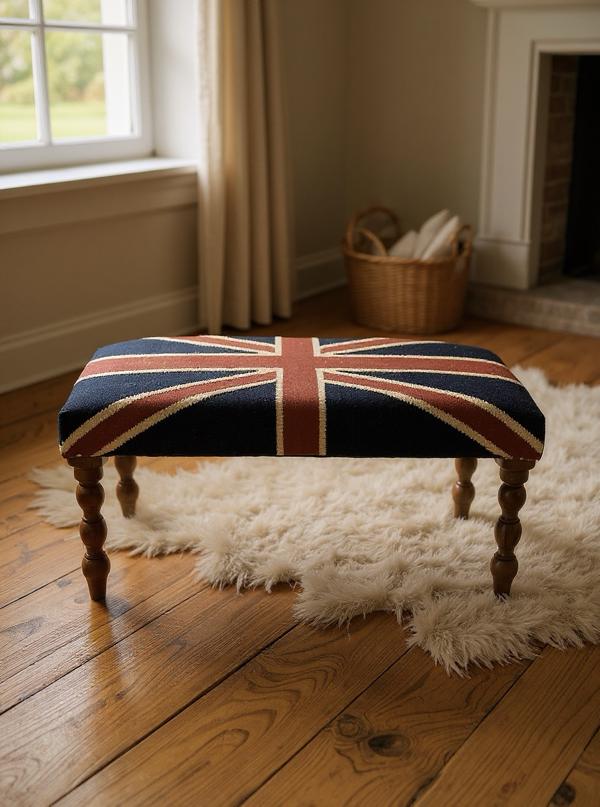 Union Jack Flag Bench Ottoman | Great Britain | Pouf Solid Base | Vintage Style | Floor Standing | Man Cave Stool