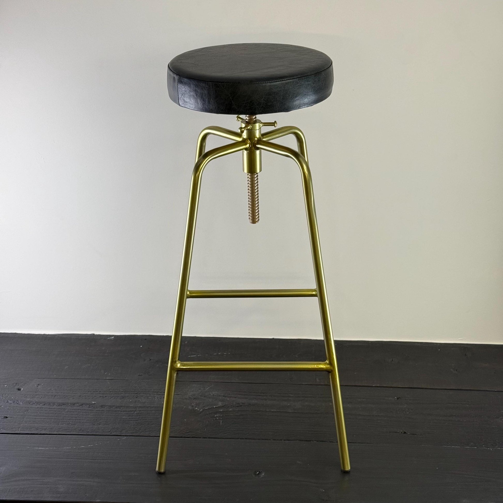 Patinated Brass Industrial Leather Bar Stool | Vintage Style | Solid Cast Metal | Floor Standing