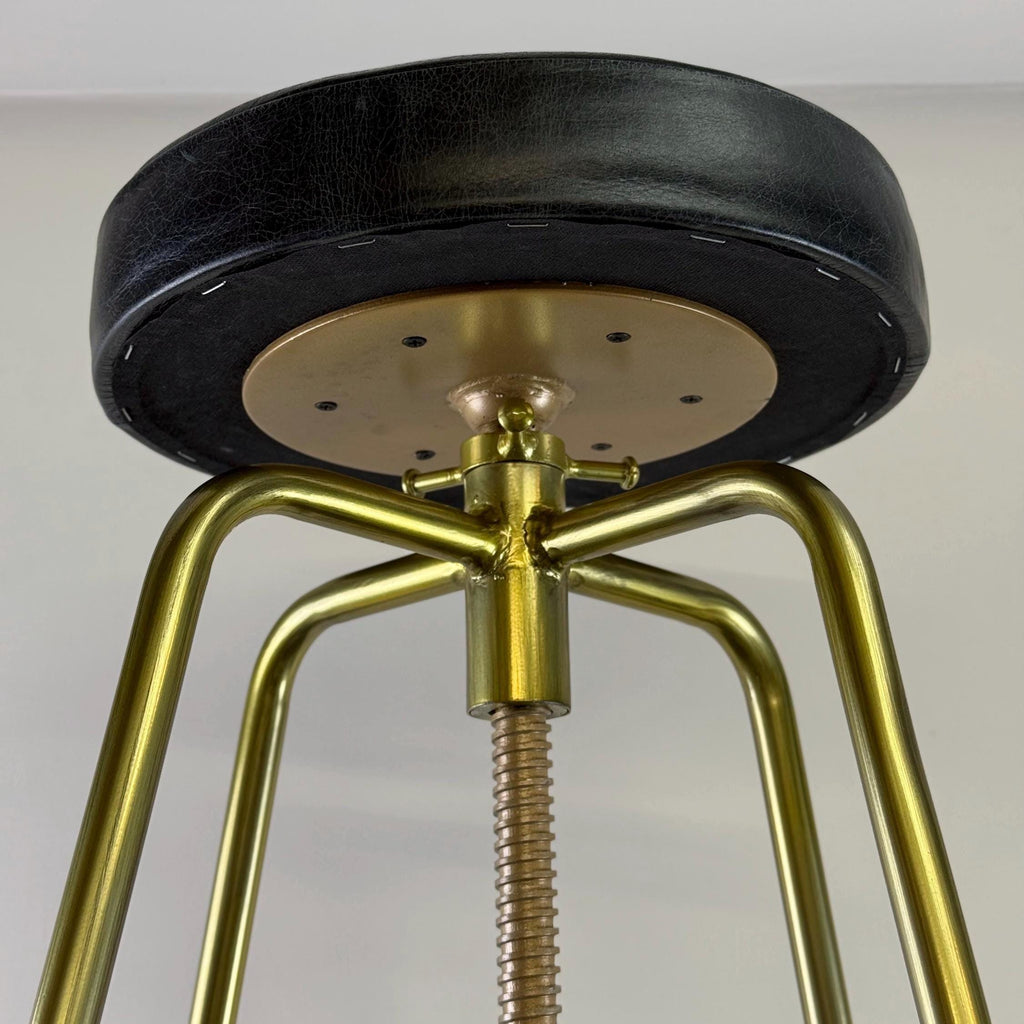 Patinated Brass Industrial Leather Bar Stool | Vintage Style | Solid Cast Metal | Floor Standing