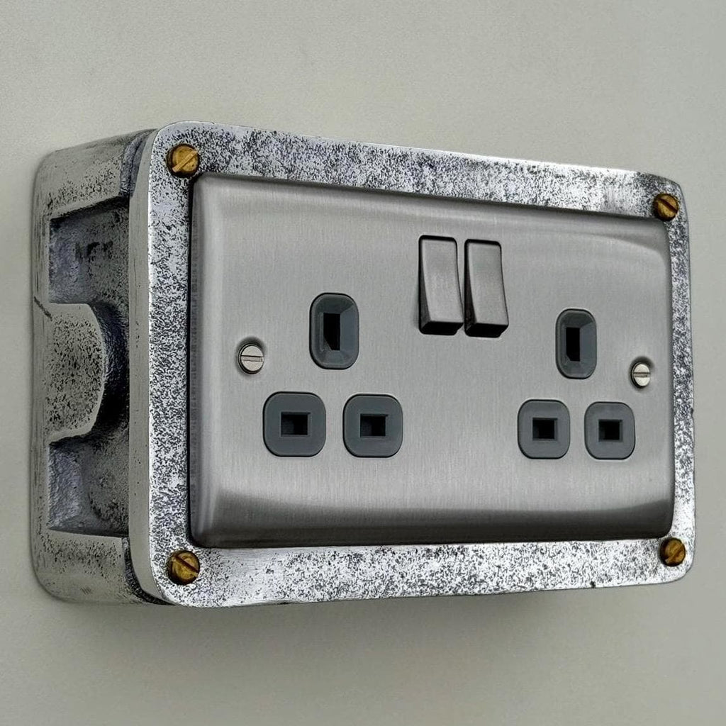 Brushed Steel Double Switched 13A Power Socket Grey Insert 230V 2 Gang 2G Socket Cast Metal Conduit Industrial