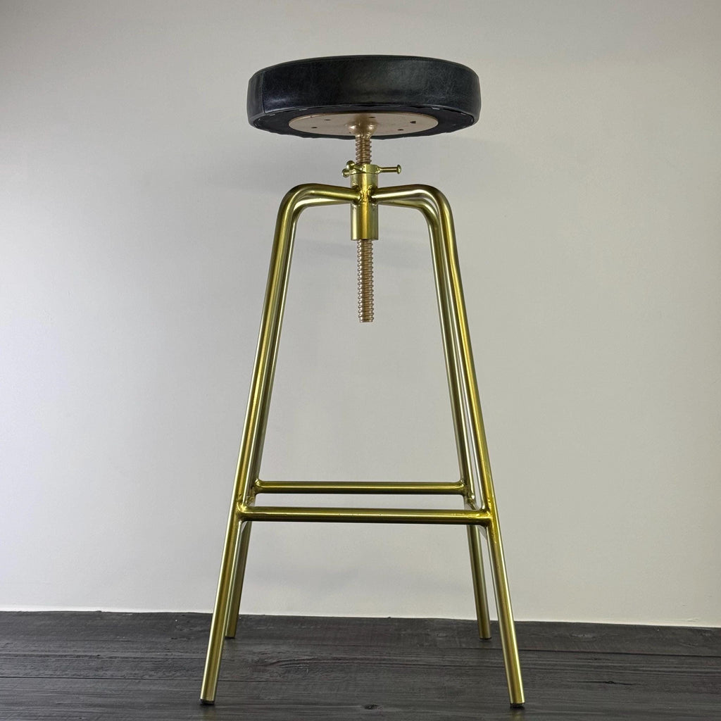 Patinated Brass Industrial Leather Bar Stool | Vintage Style | Solid Cast Metal | Floor Standing