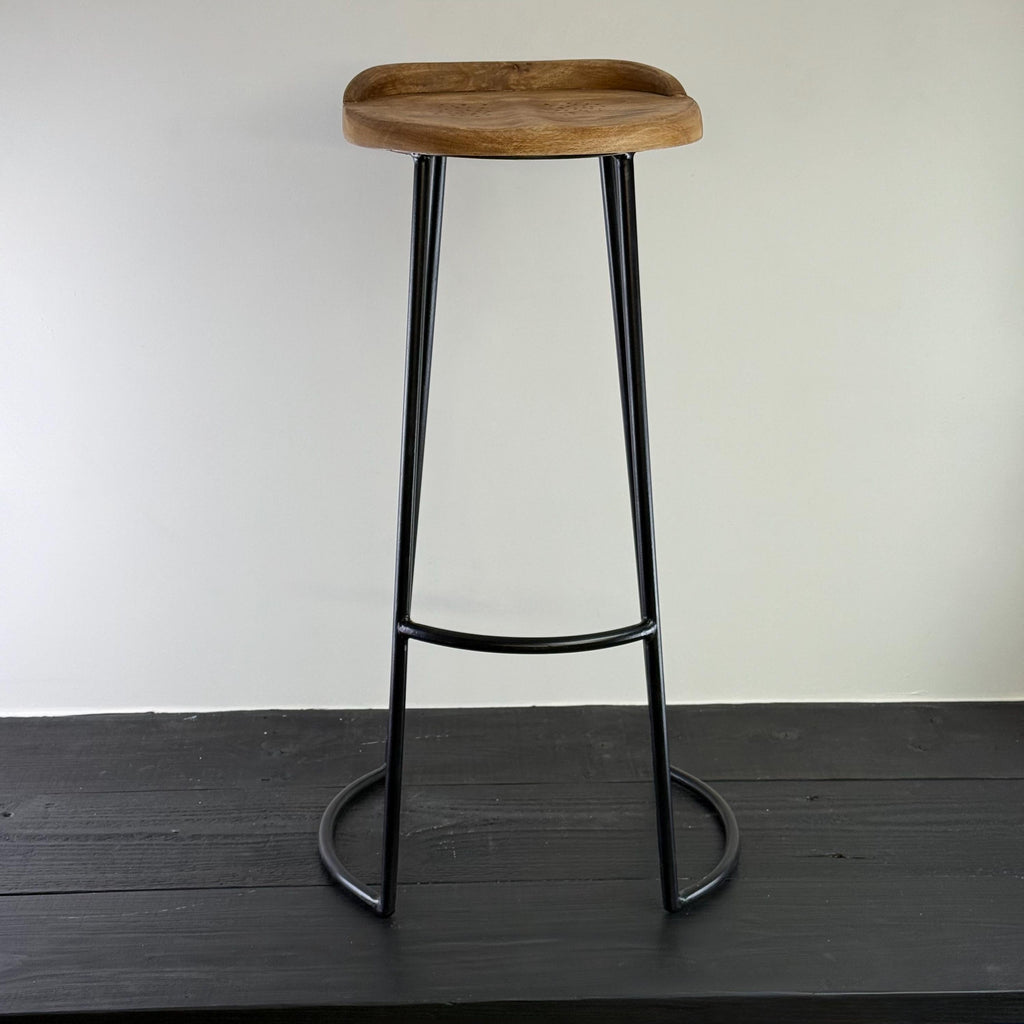 Solid Mango Wooden Top Bar Stool Hand Crafted | Solid Cast Metal | Floor Standing | Kitchen Black Iron | Industrial Tractor Seat