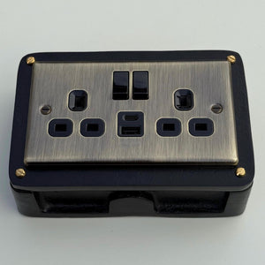 Antique Brass Double Gang Plug Socket with Industrial Black Cast Back Conduit Box