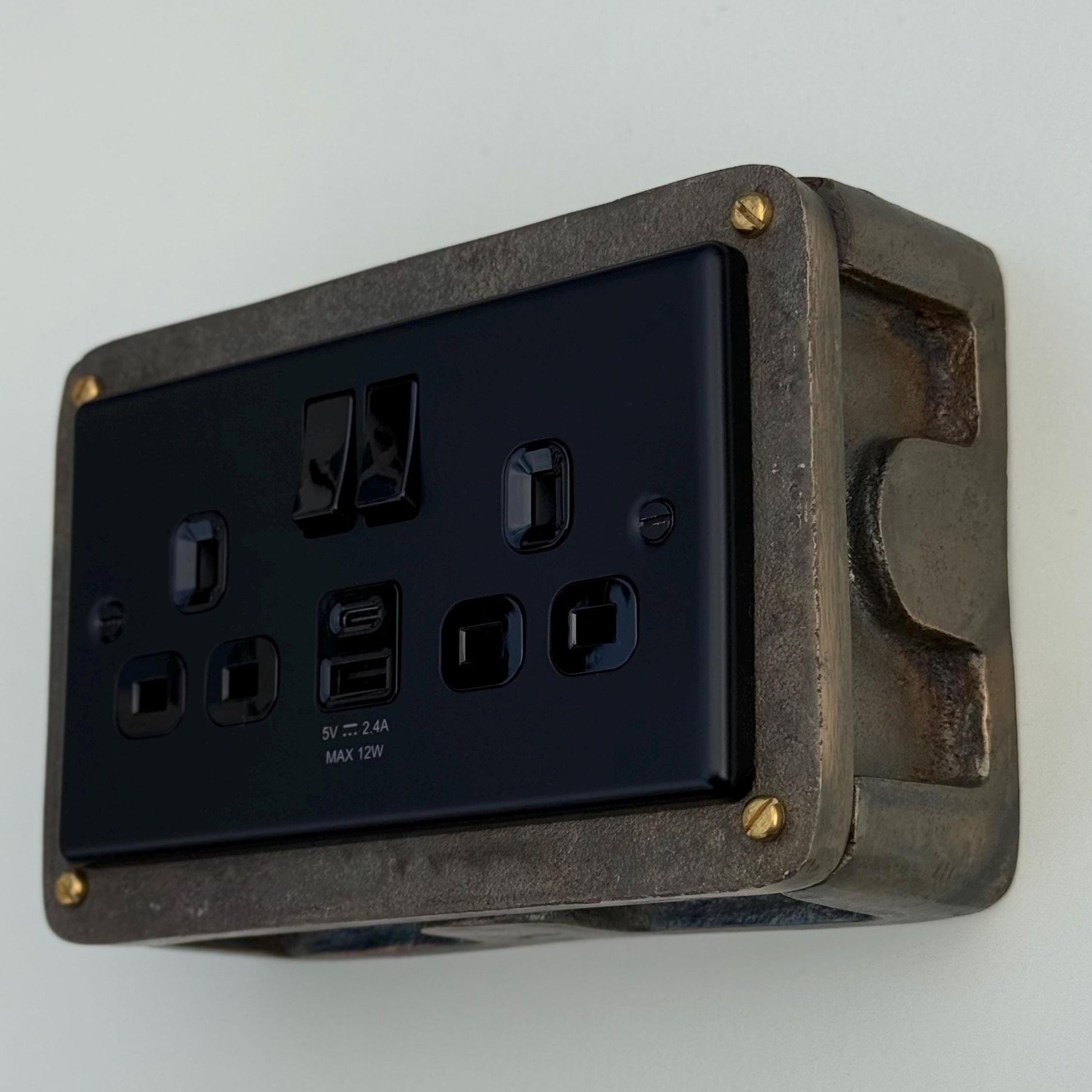 Matt Black Double Gang Plug Socket with Industrial Antique Brass Back Conduit Box