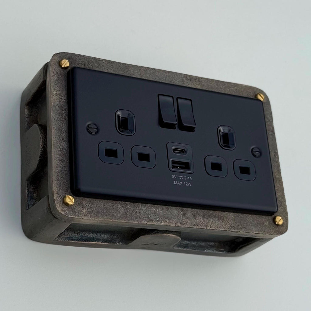 Matt Black Double Gang Plug Socket with Industrial Antique Brass Back Conduit Box