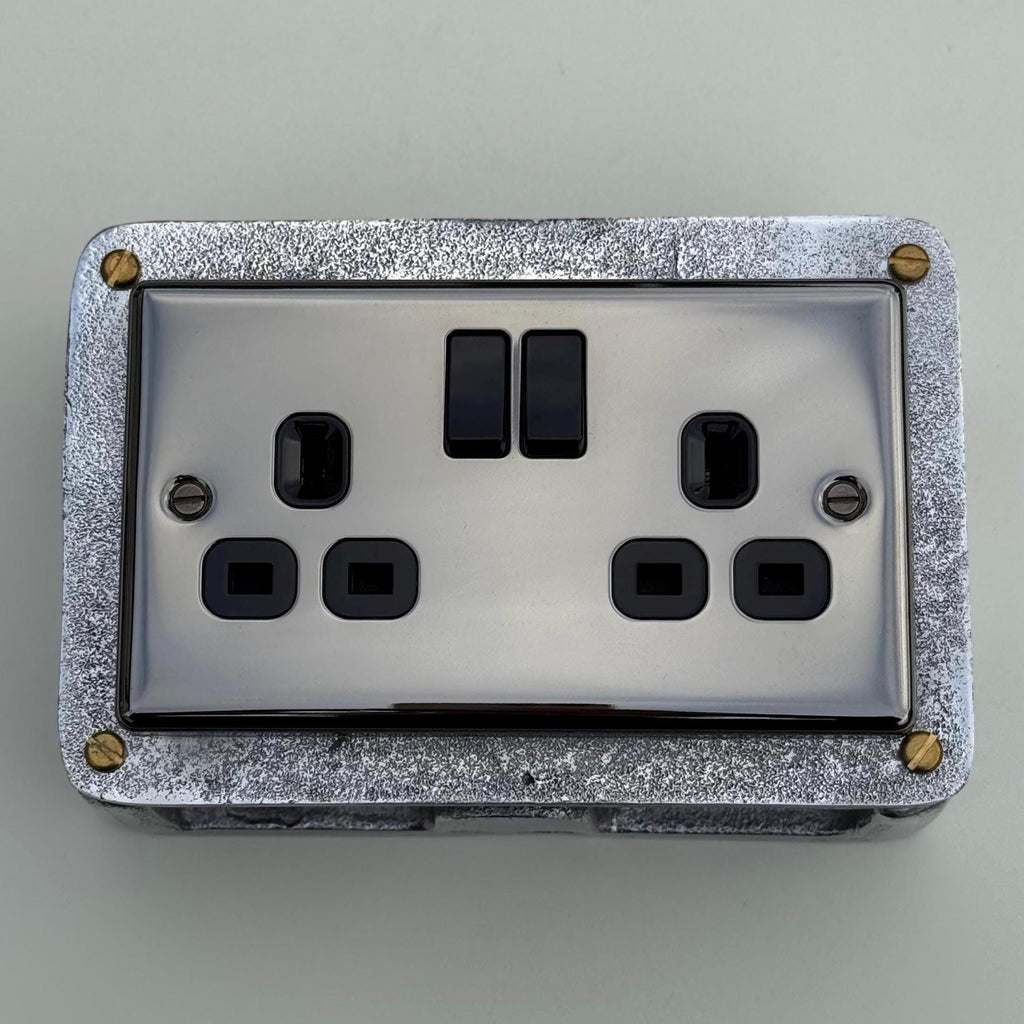 Black Nickel Double Switched 13A Power Socket 230V 13A 2 Gang 2G Solid Cast Metal Conduit Switch Industrial