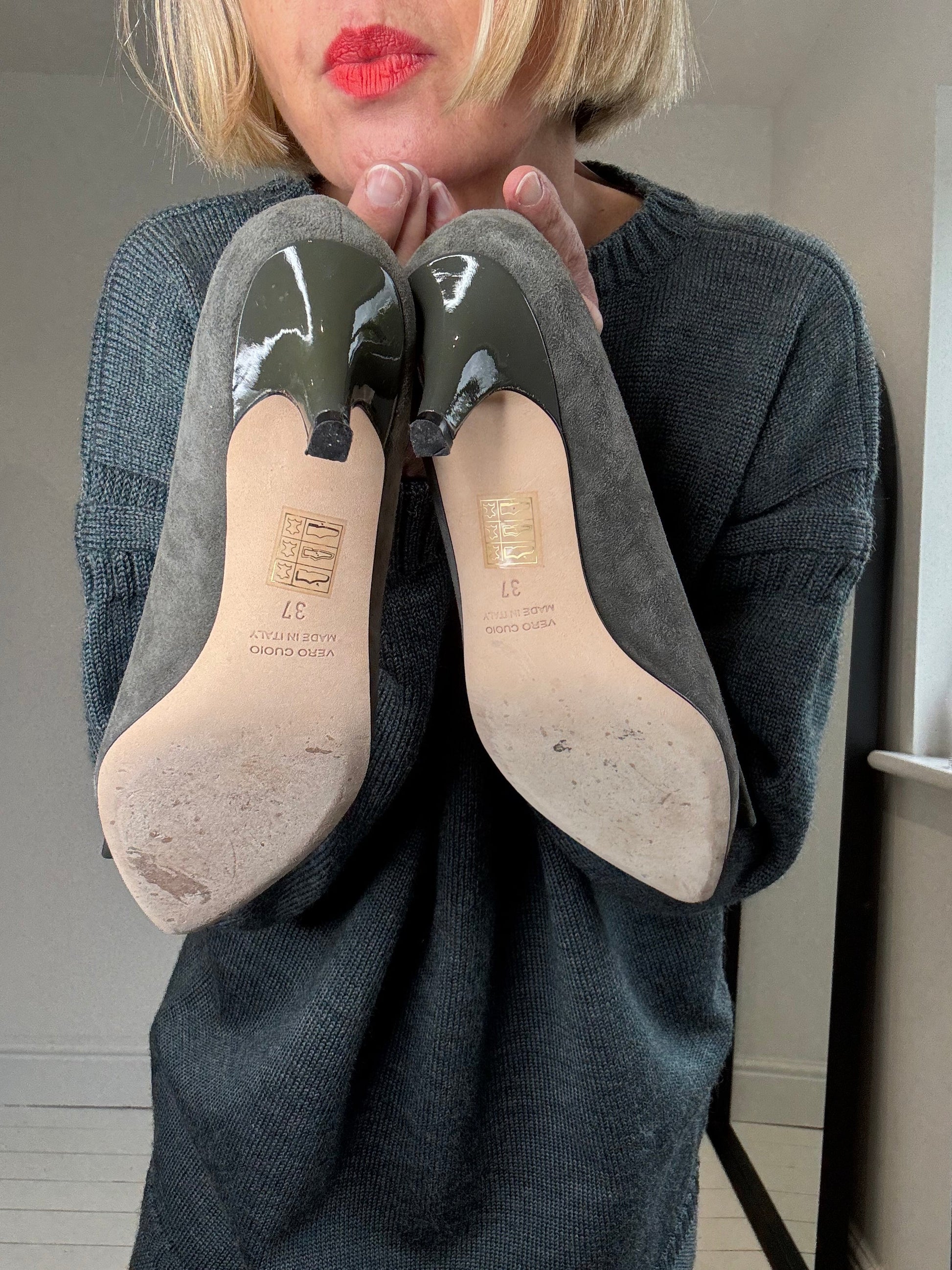 Grey Suede and Patent Kitten Heel Pumps with Bow Detail