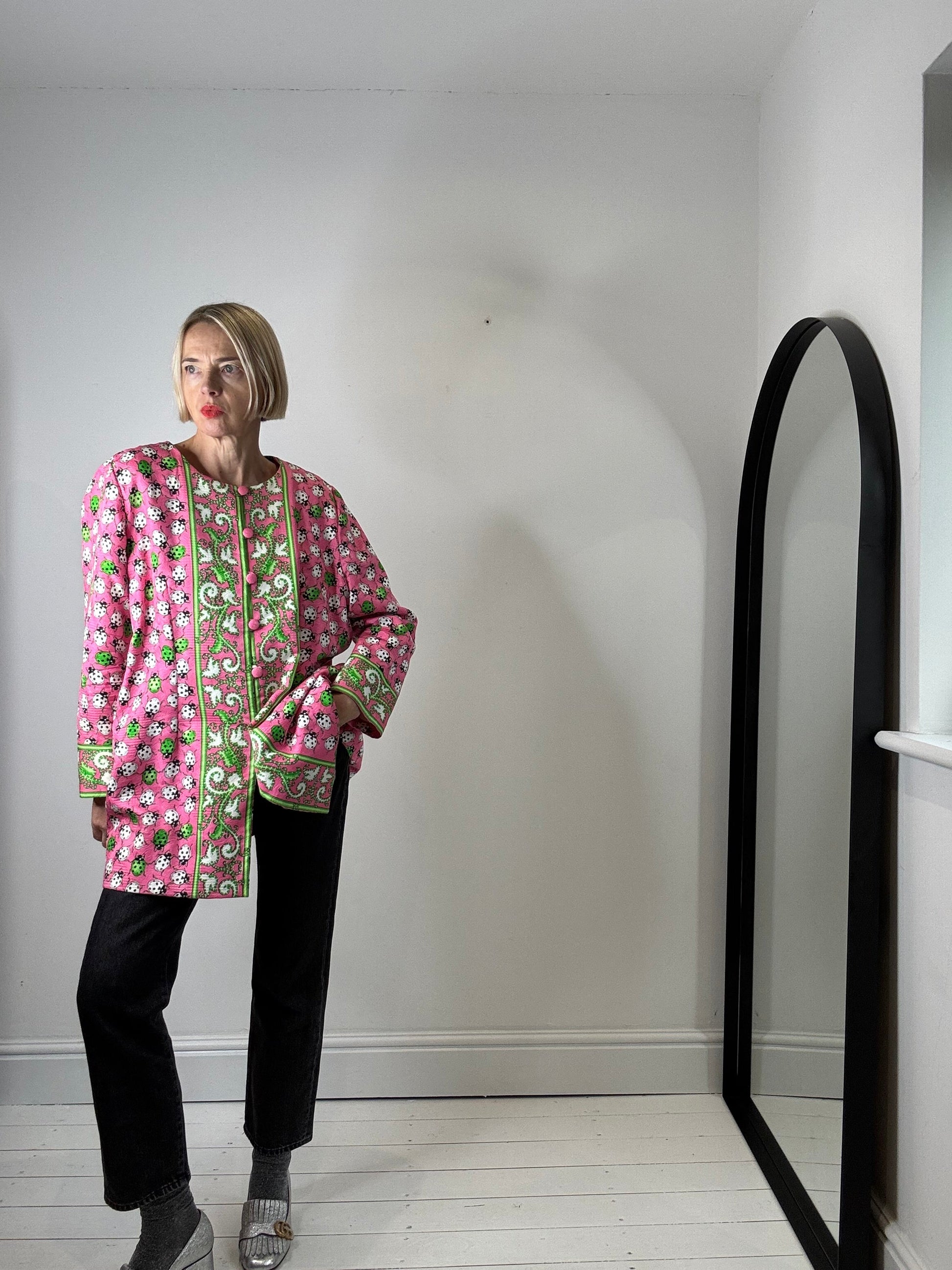 Ladybug Collarless Jacket in Pink and Green