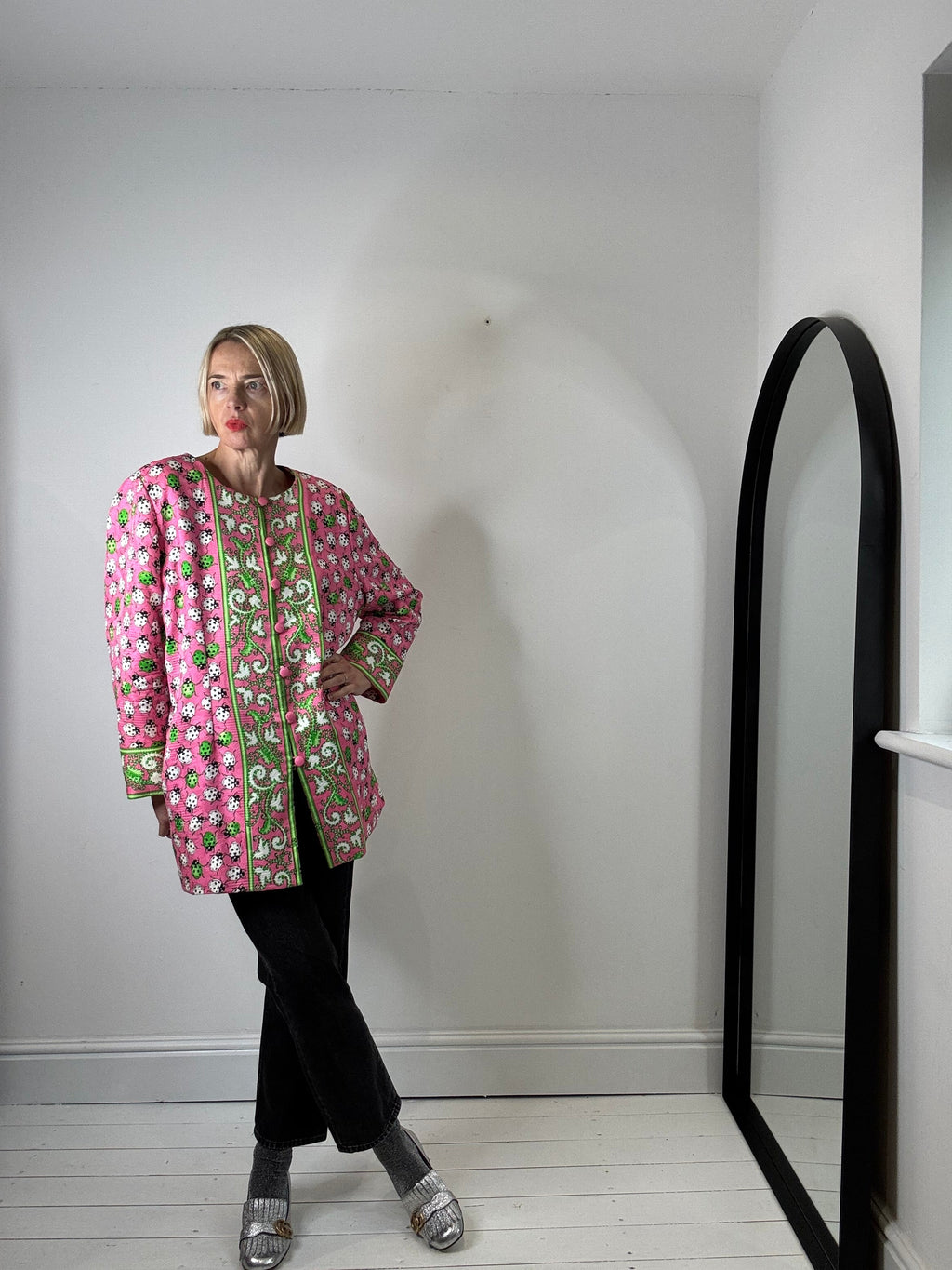 Ladybug Collarless Jacket in Pink and Green