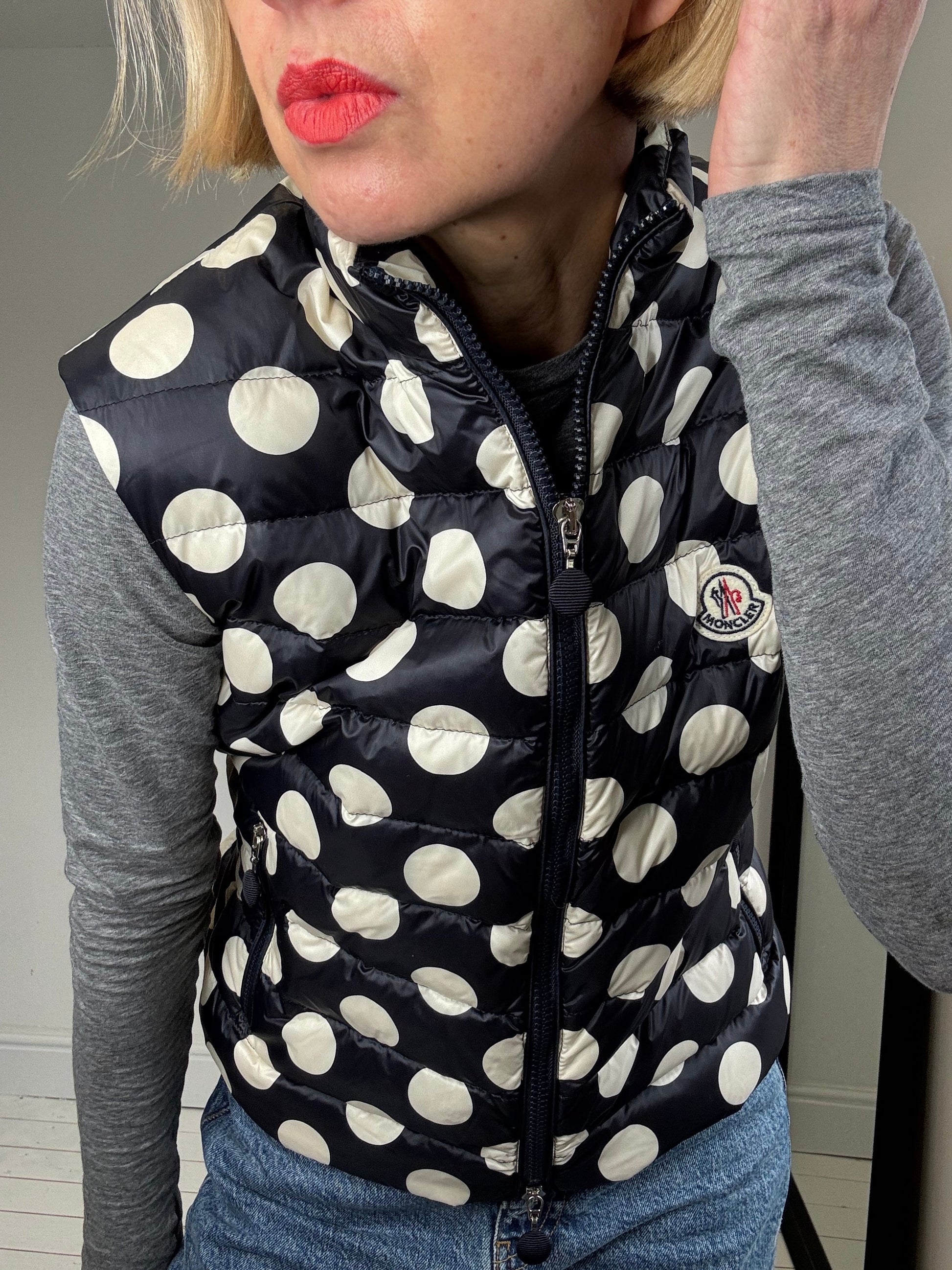 Real Down Padded Zip Front Gilet in Navy and Cream