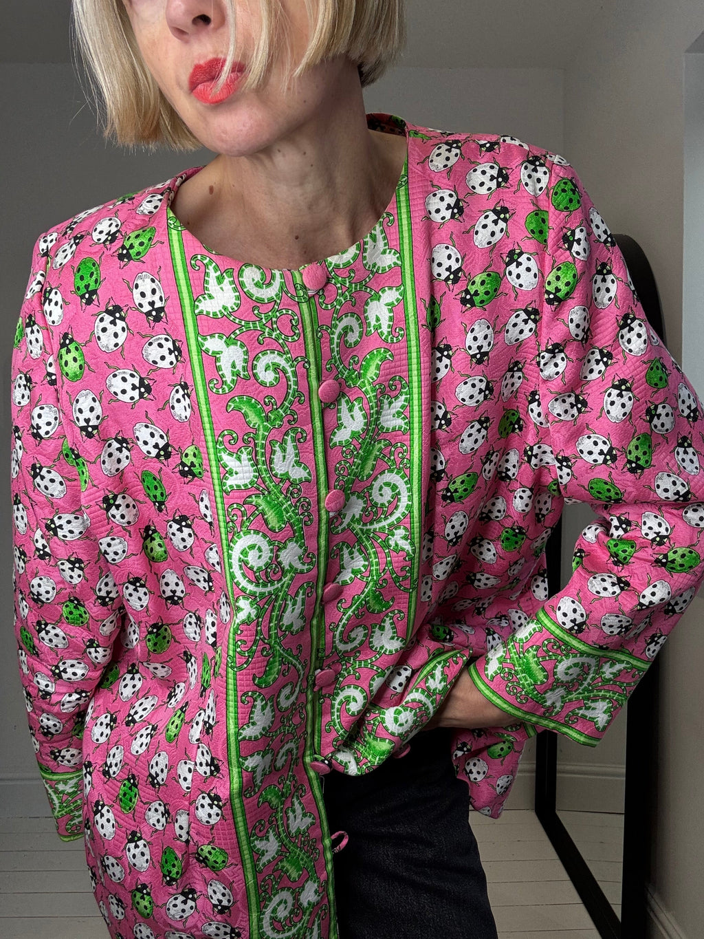Ladybug Collarless Jacket in Pink and Green