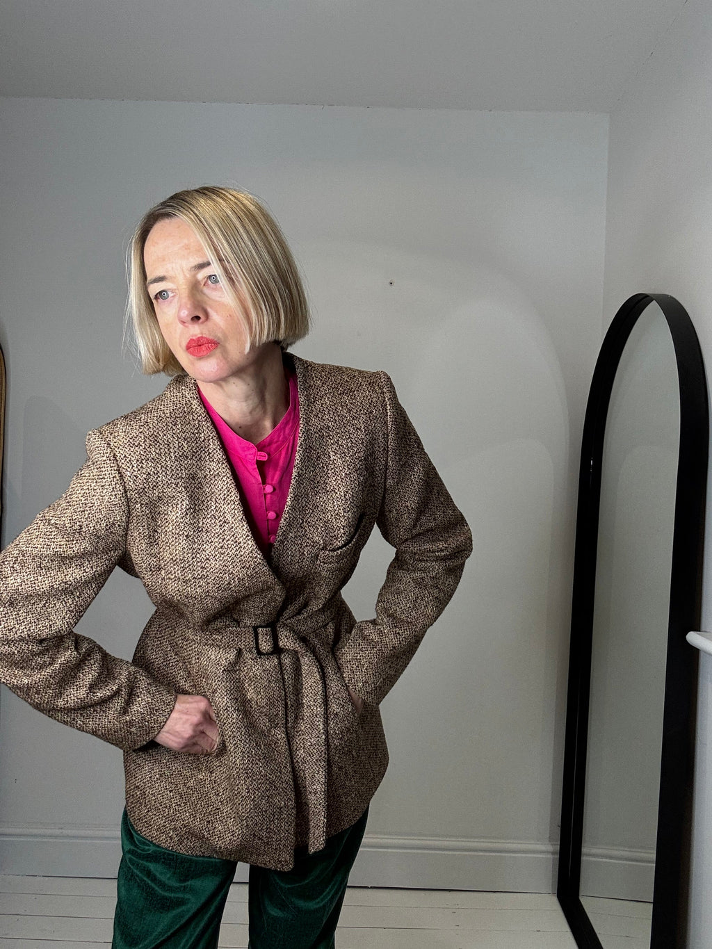 Tweedy Belted Blazer with Horn Buckle